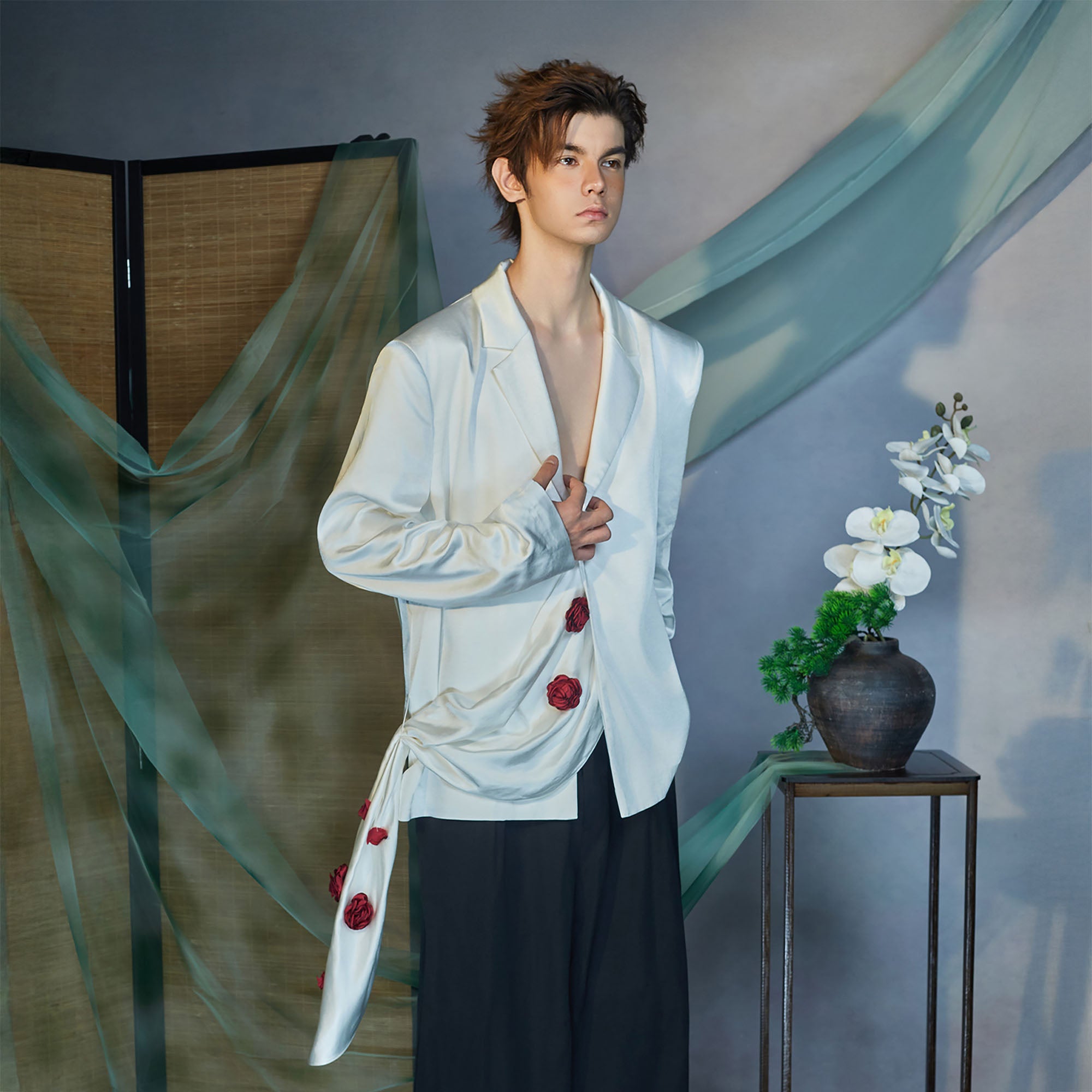 JIECHI Rose Embellished Draped Satin Blazer