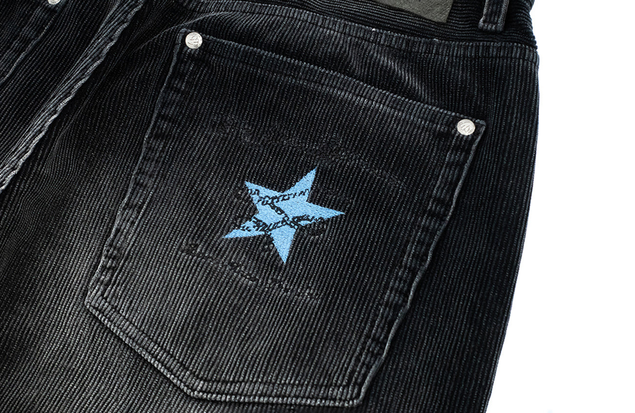 IN EXISTENCE Star Embroidered Corduroy Flare Jeans, premium urban and streetwear designers apparel on PROJECTISR.com, IN EXISTENCE