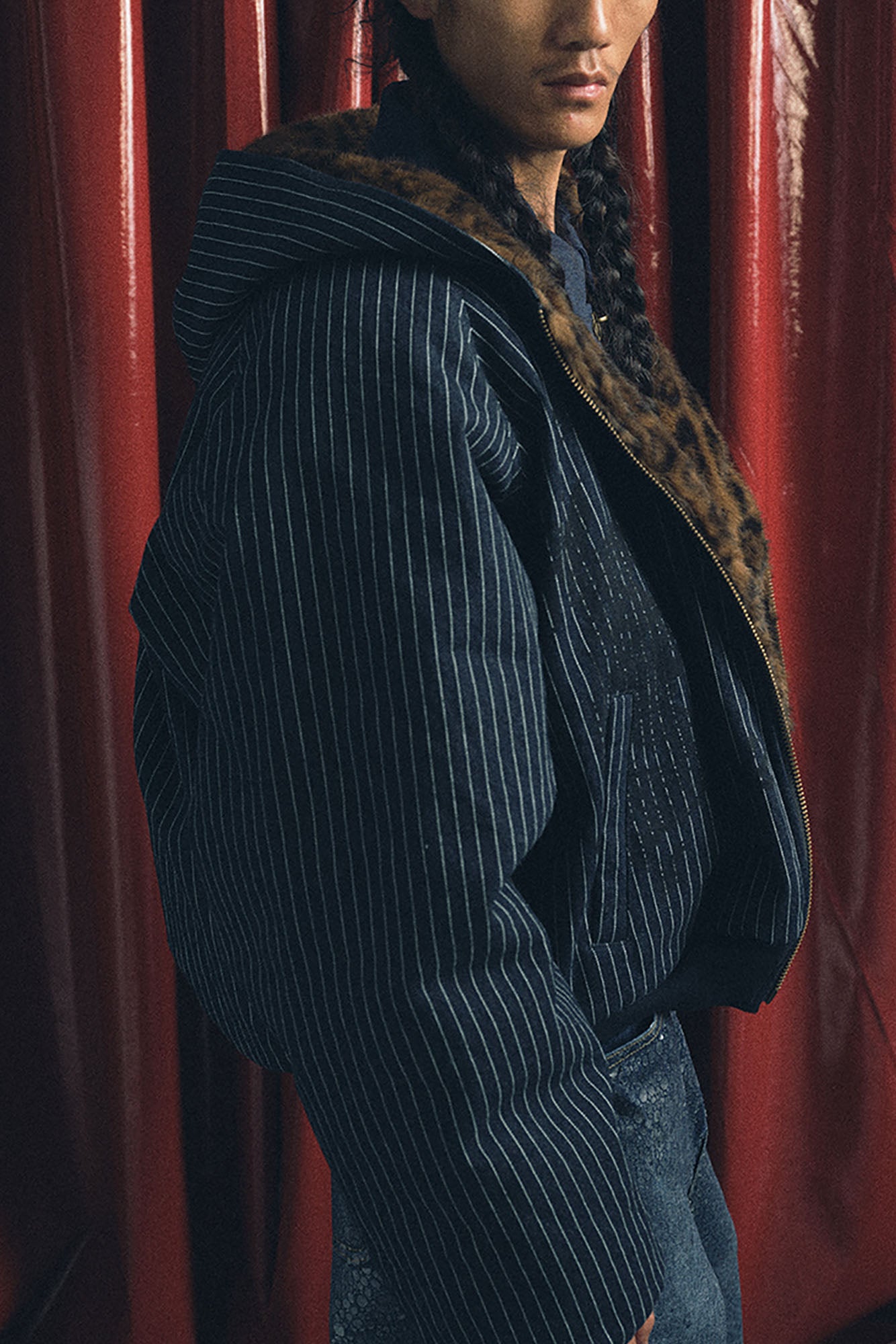 TRECLUB Leopard Lining Striped Bomber Jacket