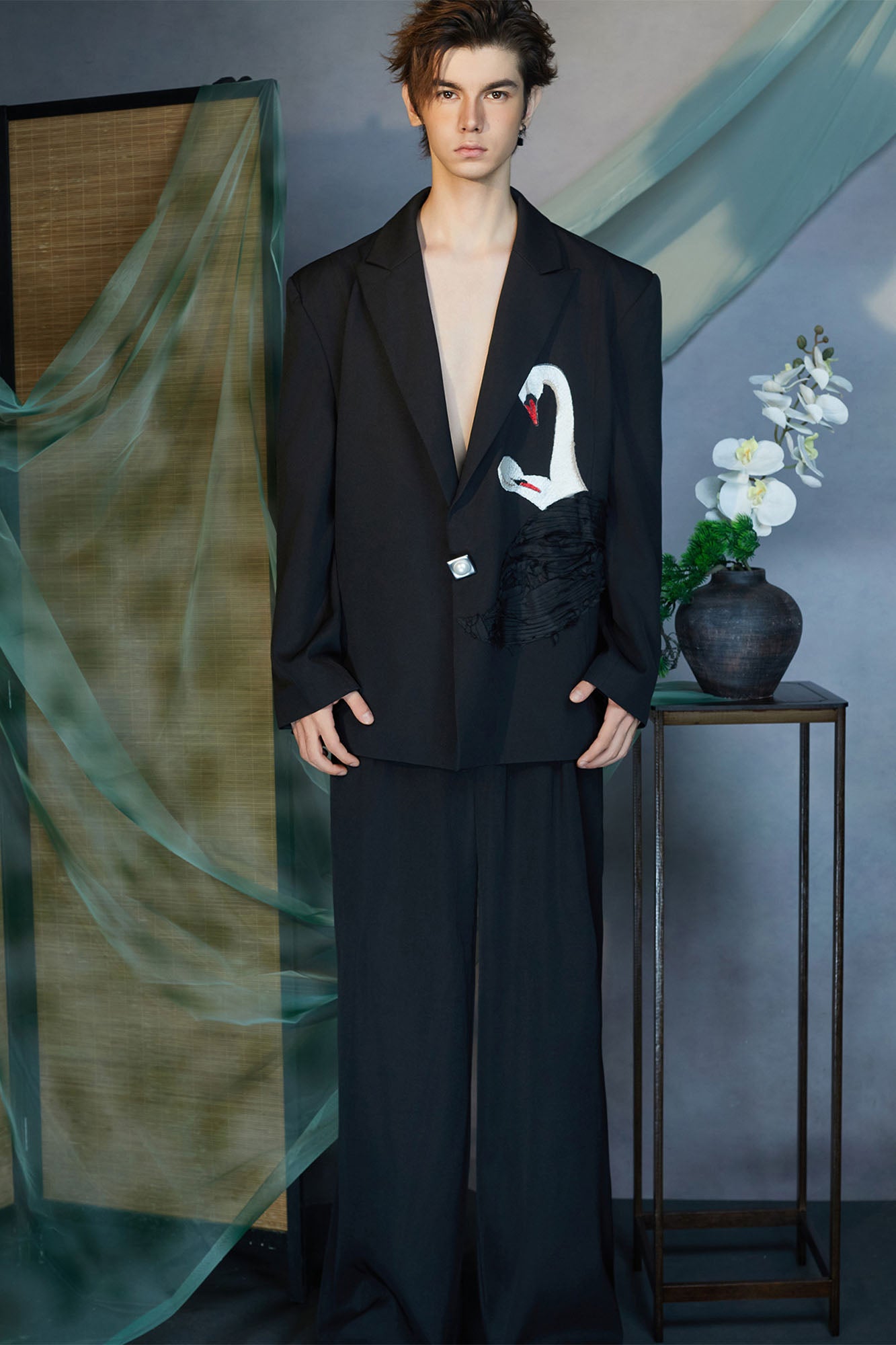 JIECHI Swan Embroidered Pearl Button Blazer