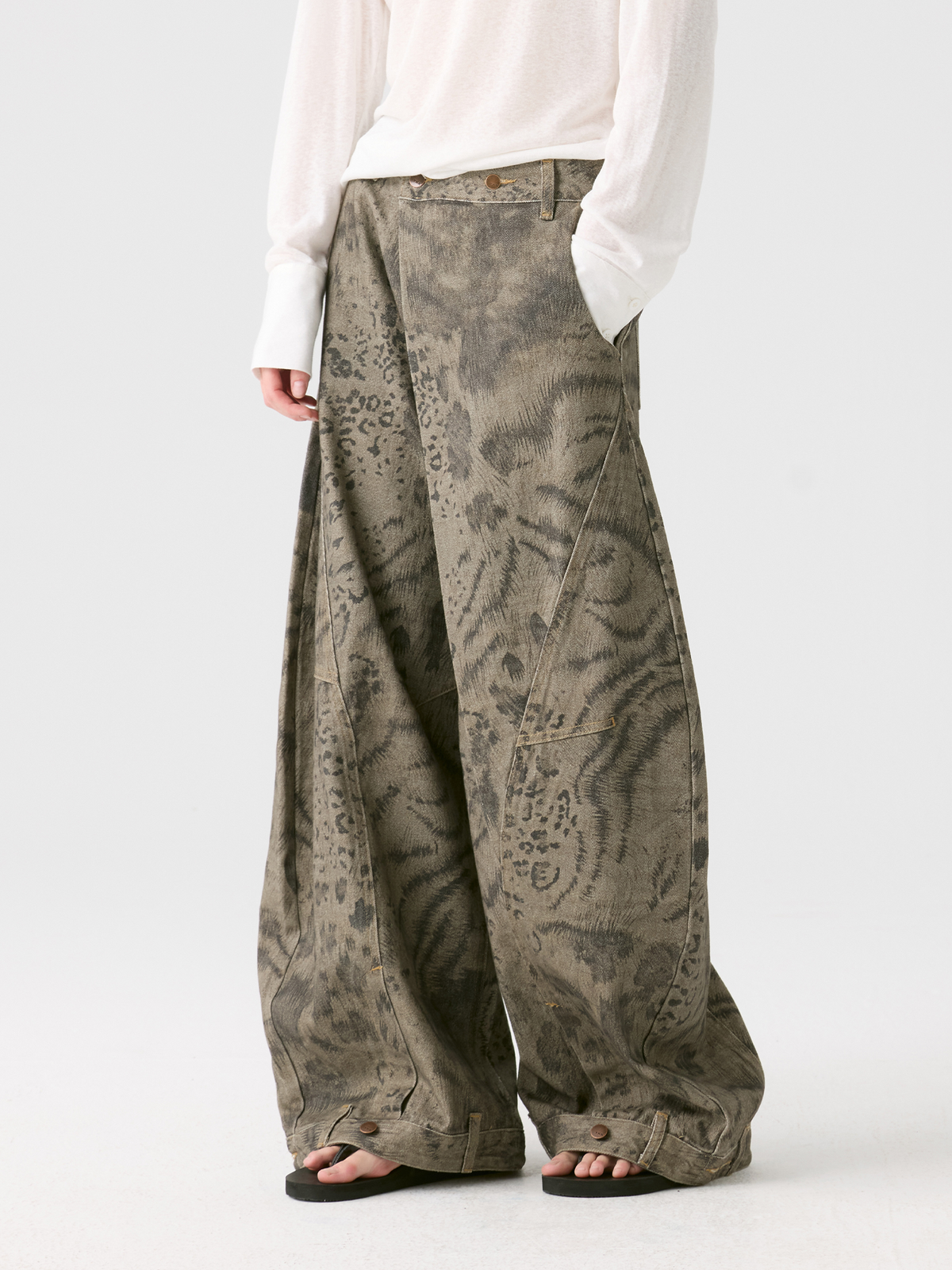 HAHAHA Animal Totem Graphic Crossover-Waist Curved Wide-Leg Pants