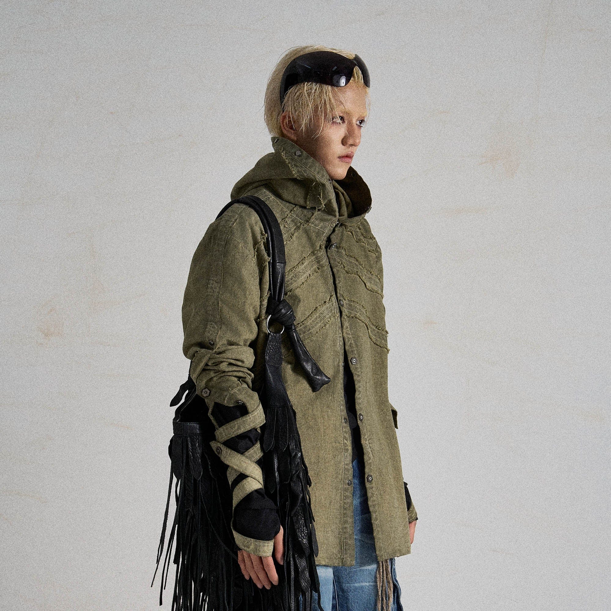 FLYERRER Frayed Fishbone Spliced Strap Hooded Jacket