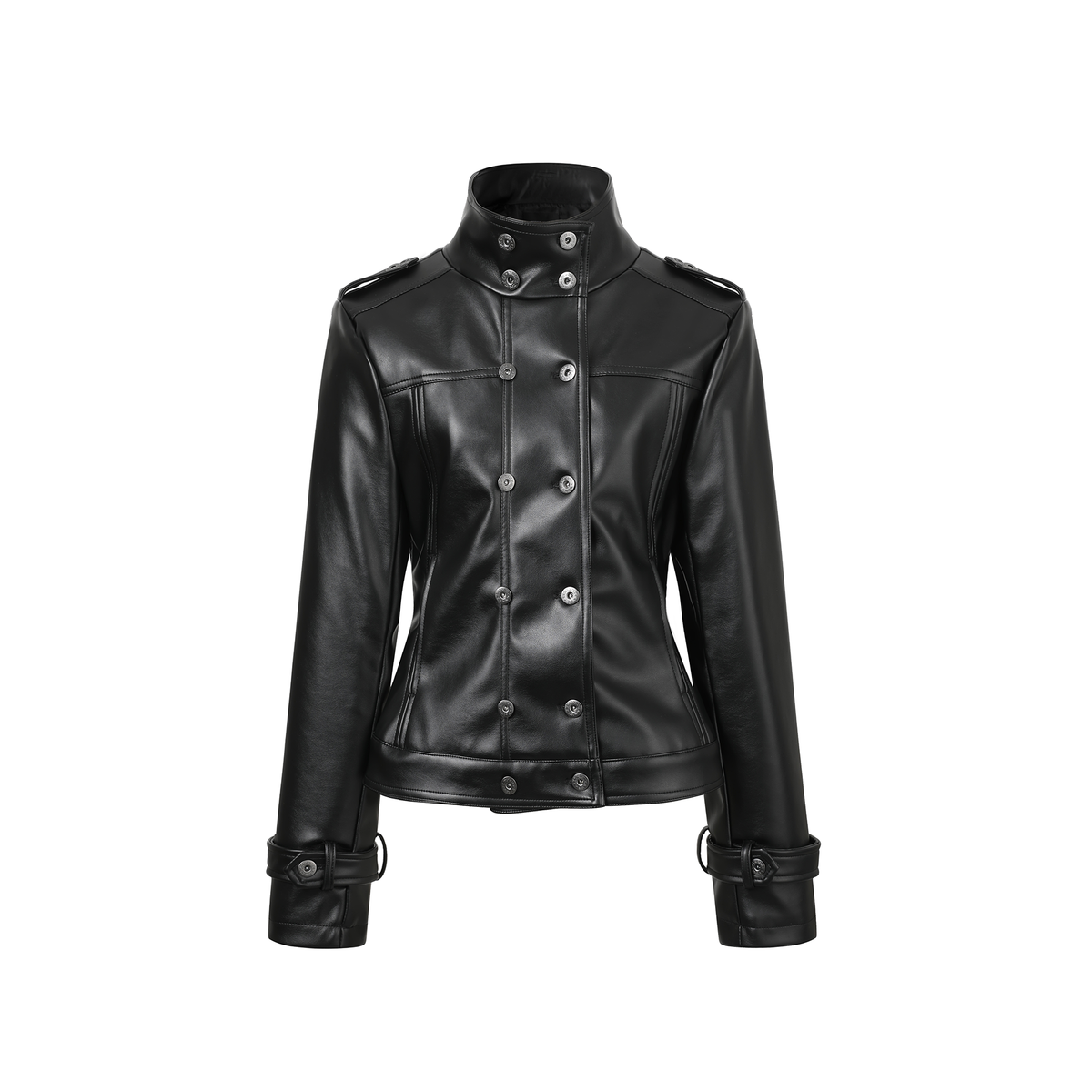 REMODUTION Double-Breasted Cinched Waist Faux Leather Jacket
