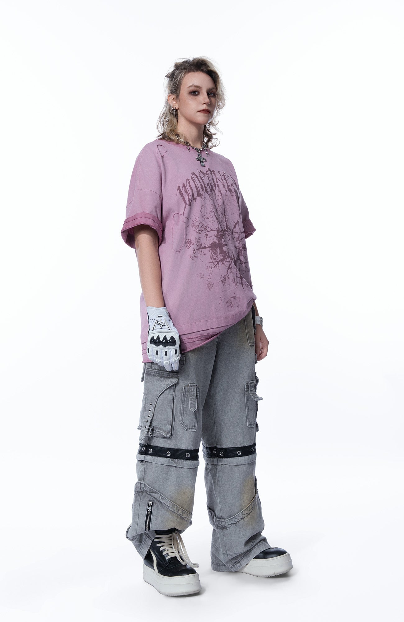 MOGONGSHE Detachable Bleach Washed Utility Cargo Jeans