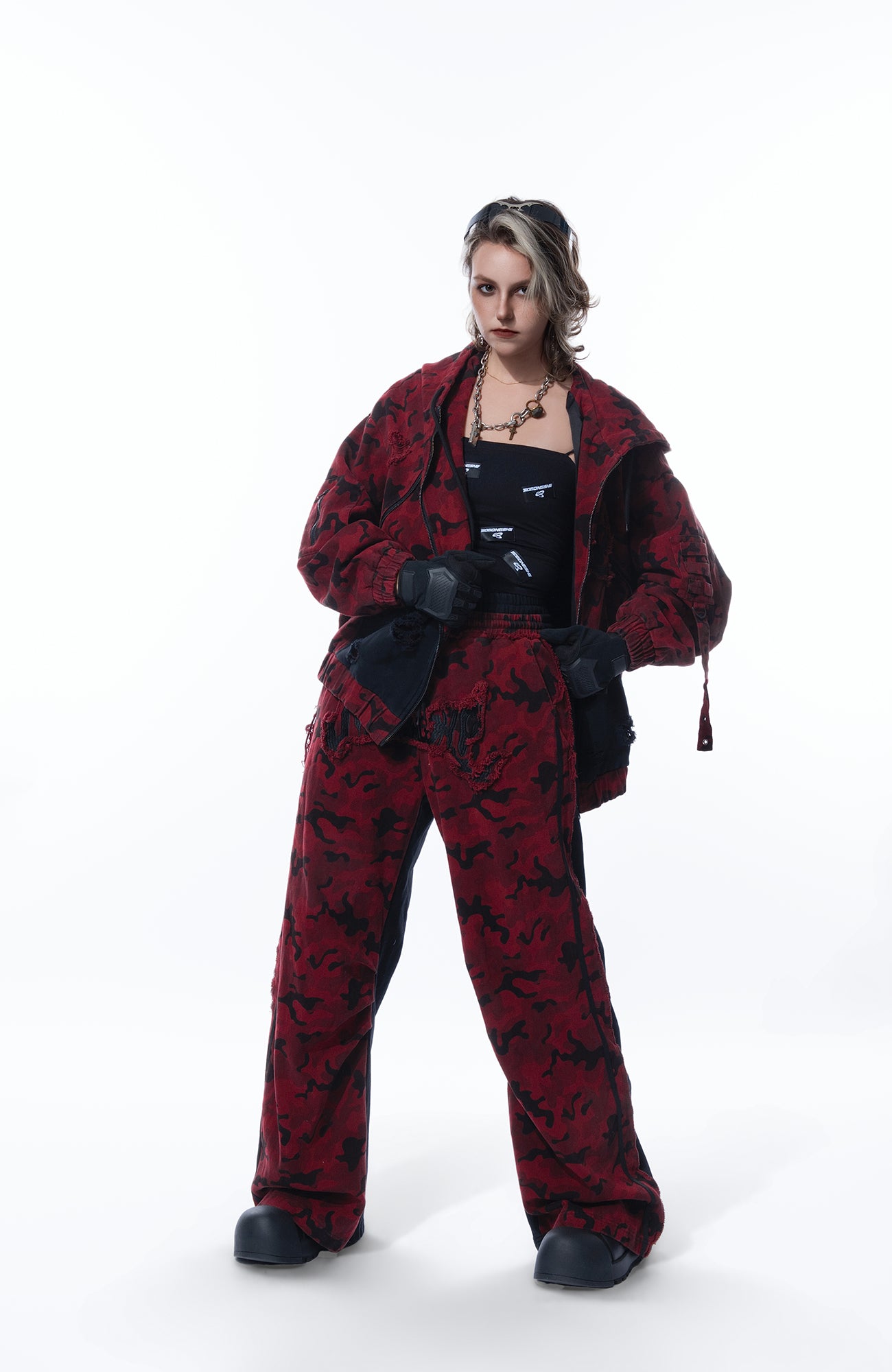 MOGONGSHE Camo Contrast Panel Double-Waist Oversized Sweatpants