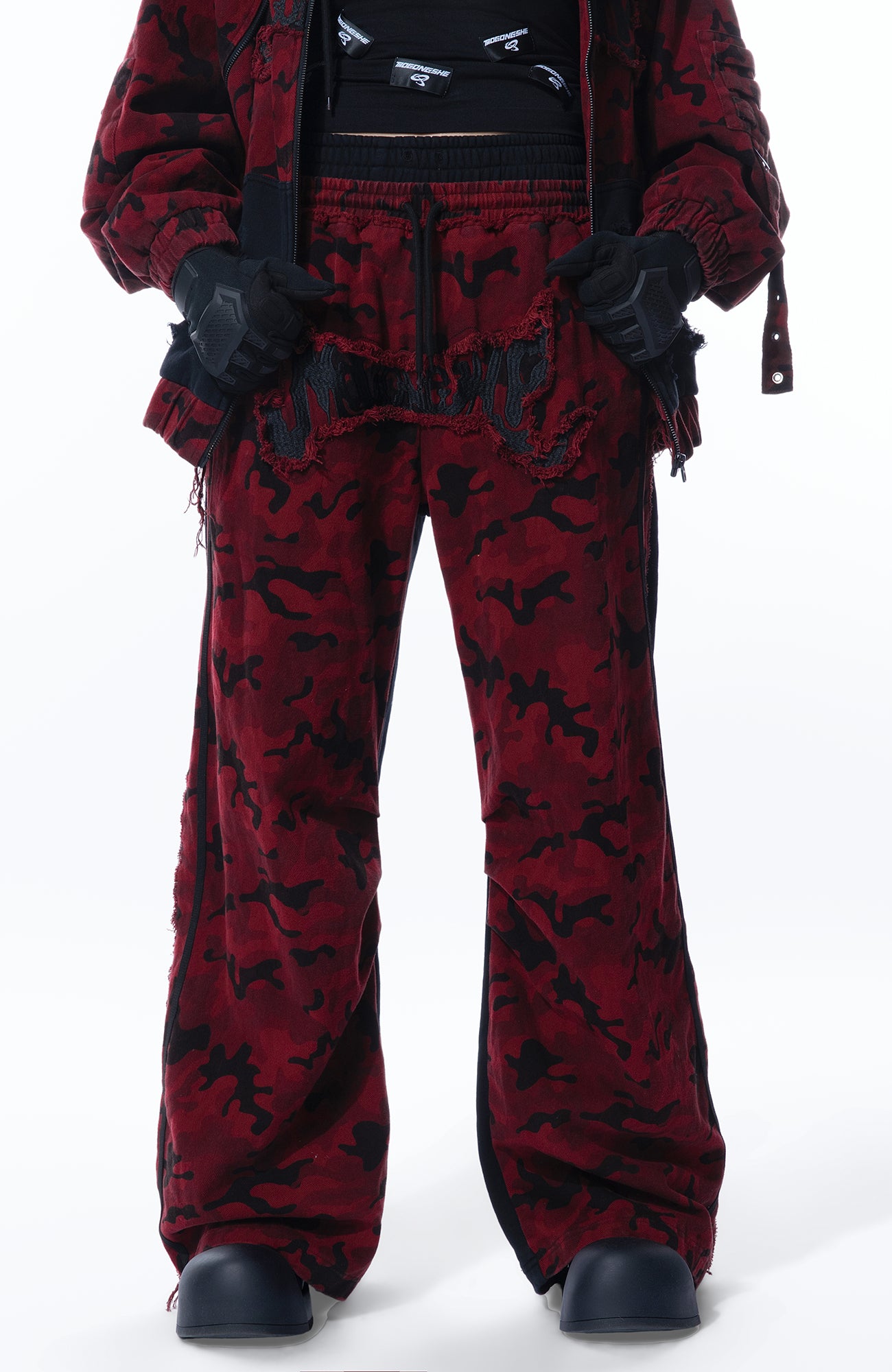 MOGONGSHE Camo Contrast Panel Double-Waist Oversized Sweatpants