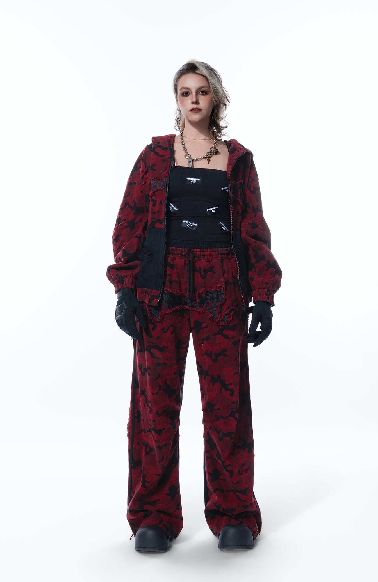 MOGONGSHE Camo Contrast Panel Double-Waist Oversized Sweatpants
