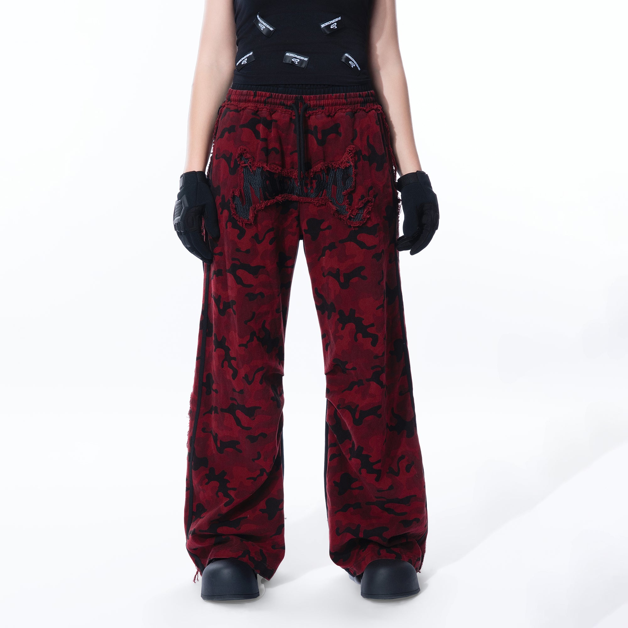 MOGONGSHE Camo Contrast Panel Double-Waist Oversized Sweatpants