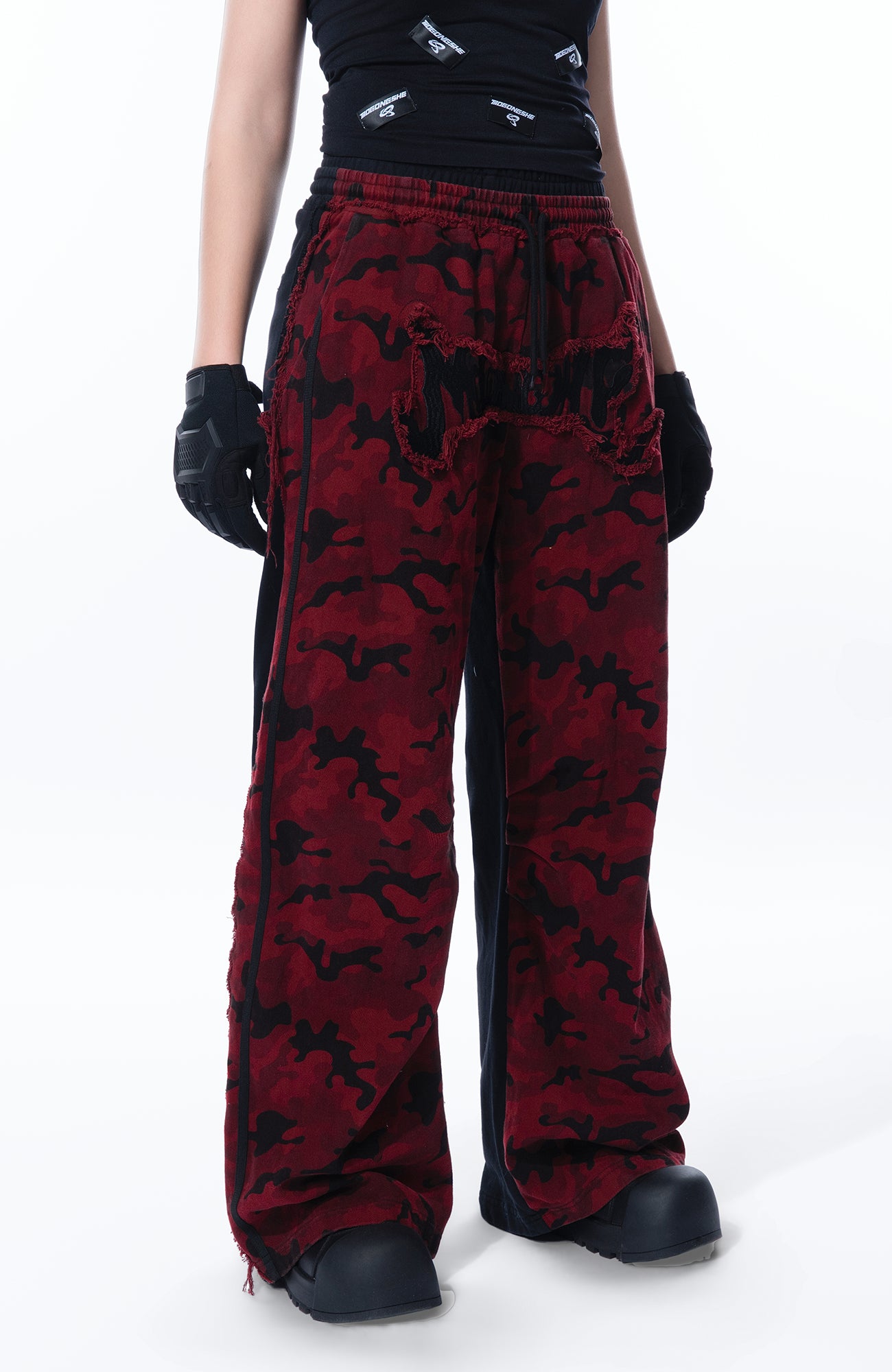 MOGONGSHE Camo Contrast Panel Double-Waist Oversized Sweatpants