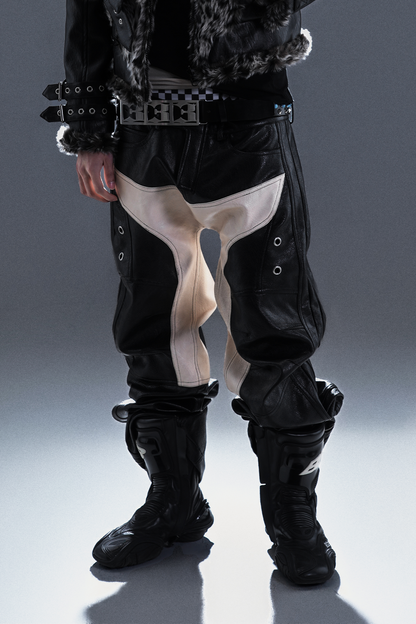 PCCVISION Contrast Panel Moto PU Pants