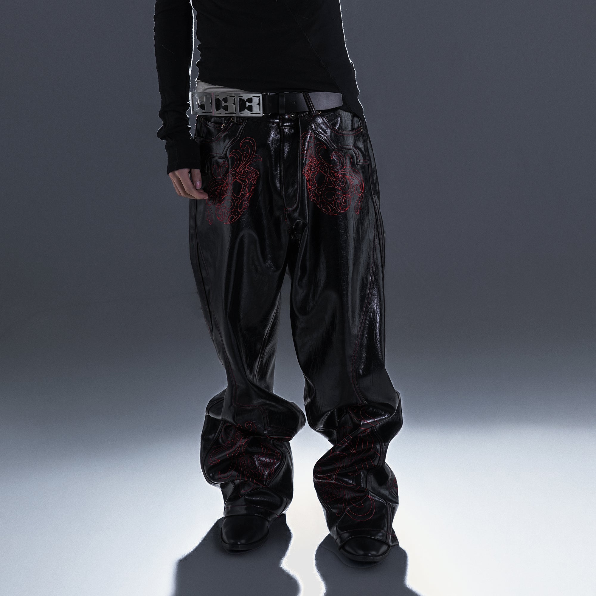 PCCVISION Gothic Skull Stitch PU Pants