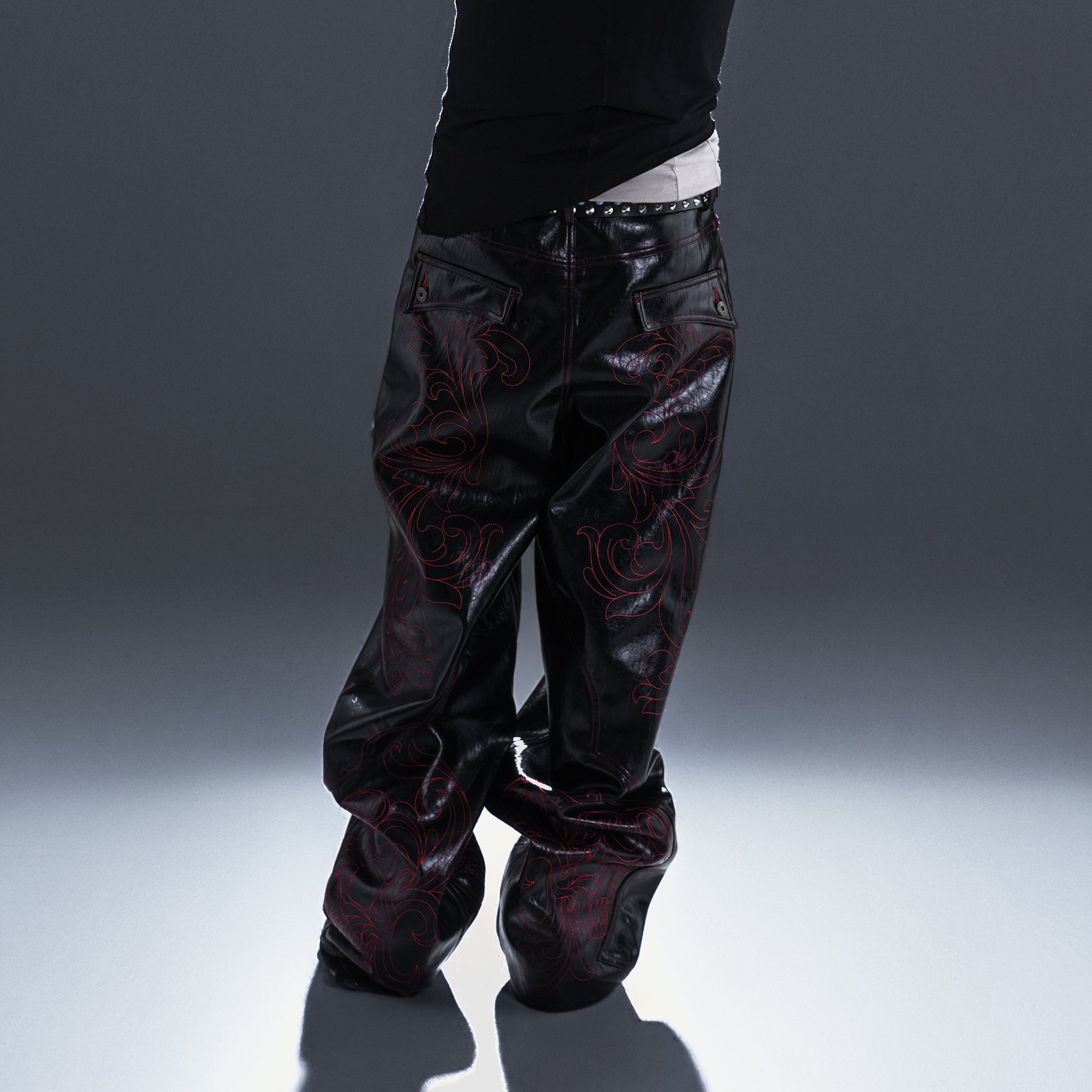 PCCVISION Gothic Skull Stitch PU Pants