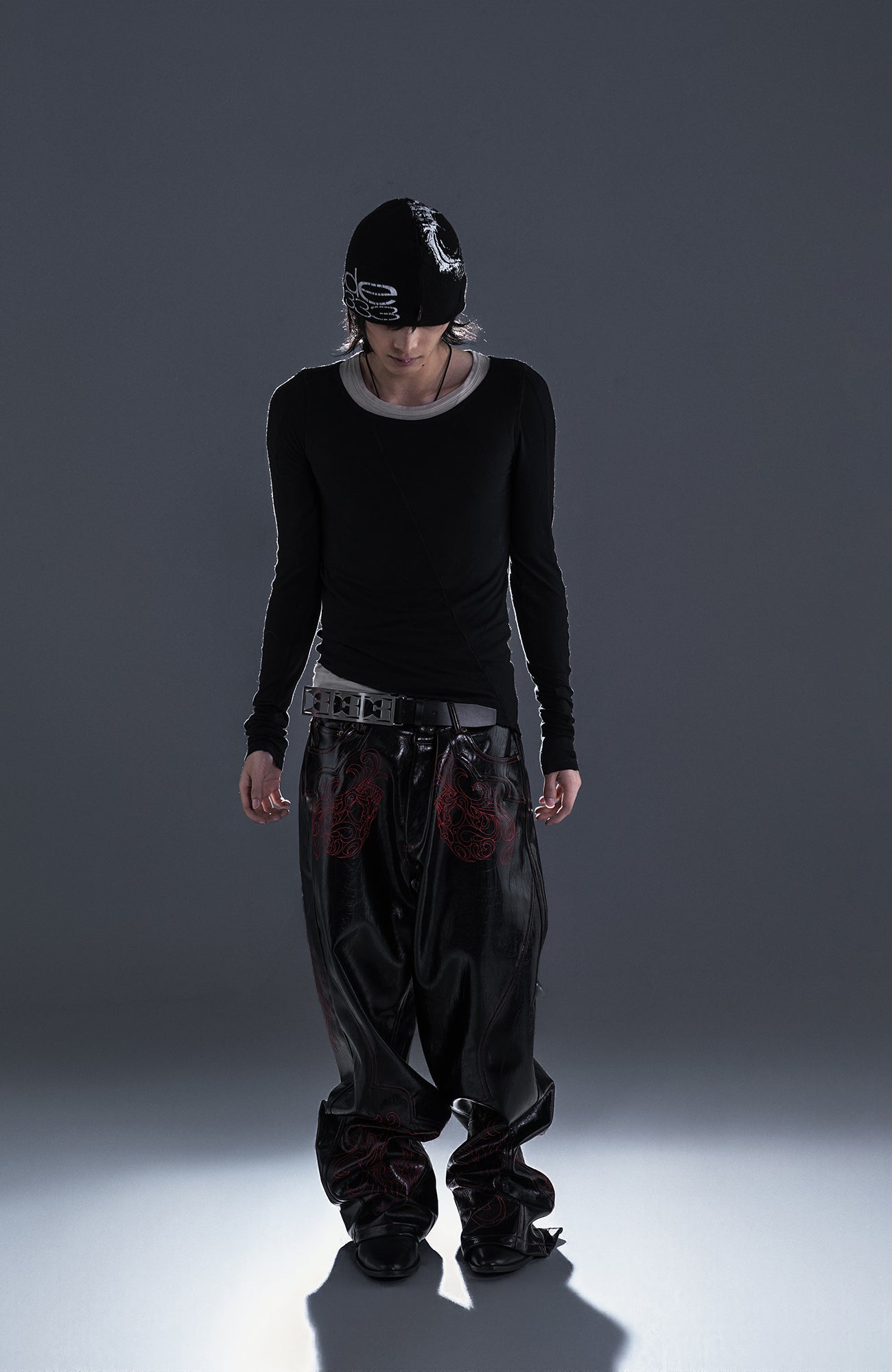PCCVISION Gothic Skull Stitch PU Pants