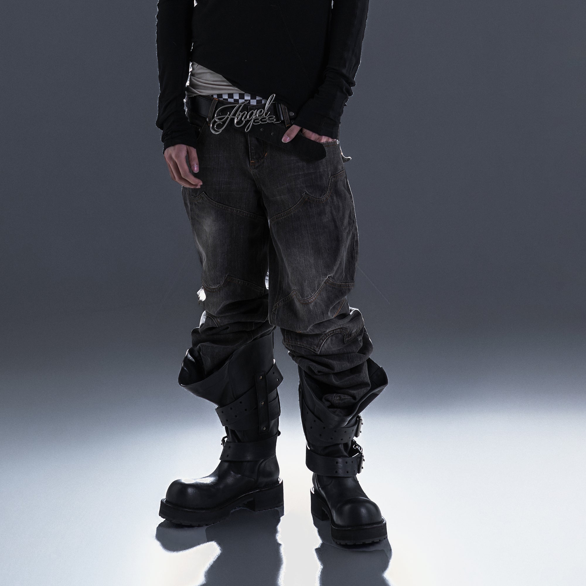 PCCVISION Washed Paneled Straight-Leg Denim