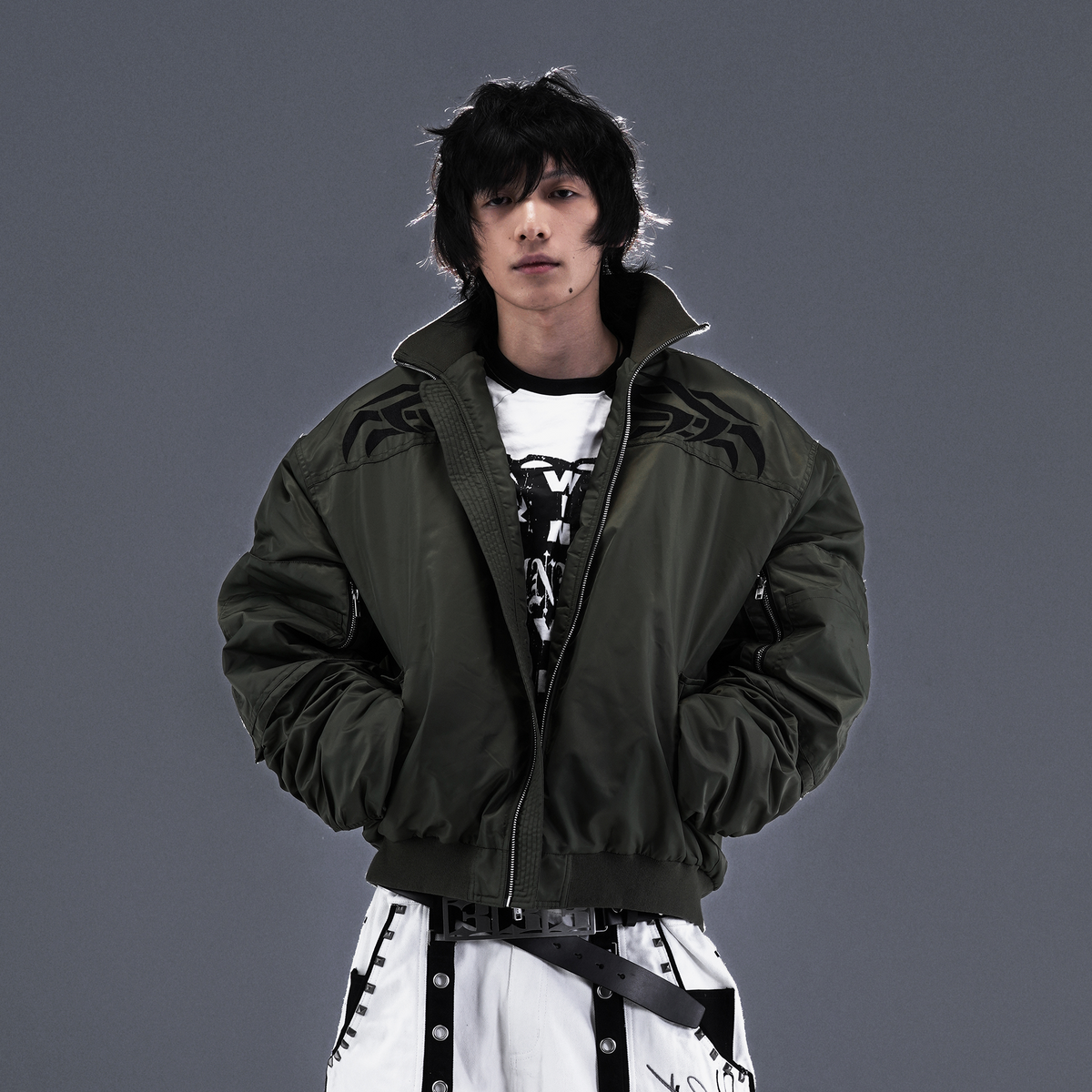 PCCVISION Tribal Embroidered Bomber Jacket Green