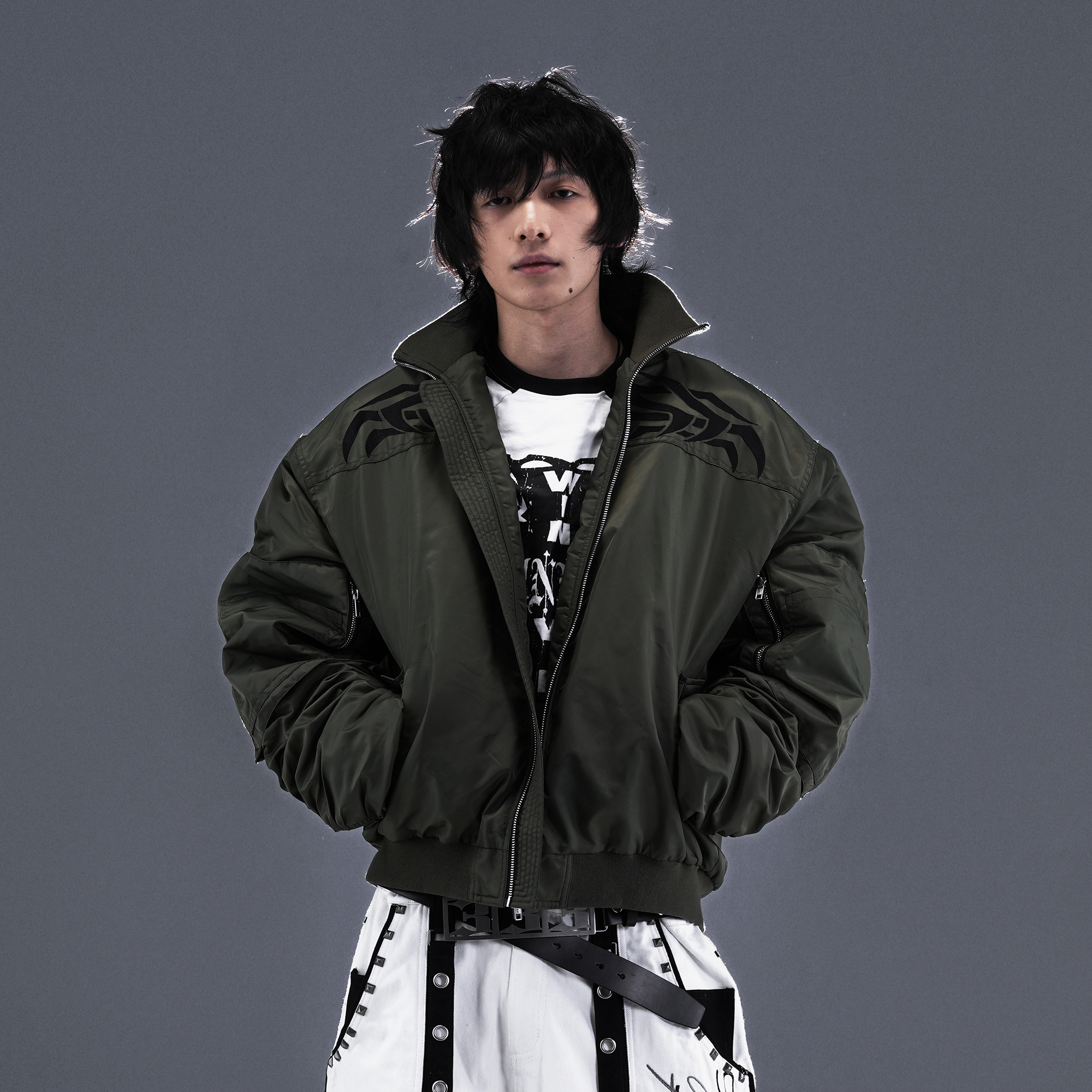 PCCVISION Tribal Embroidered Bomber Jacket Green