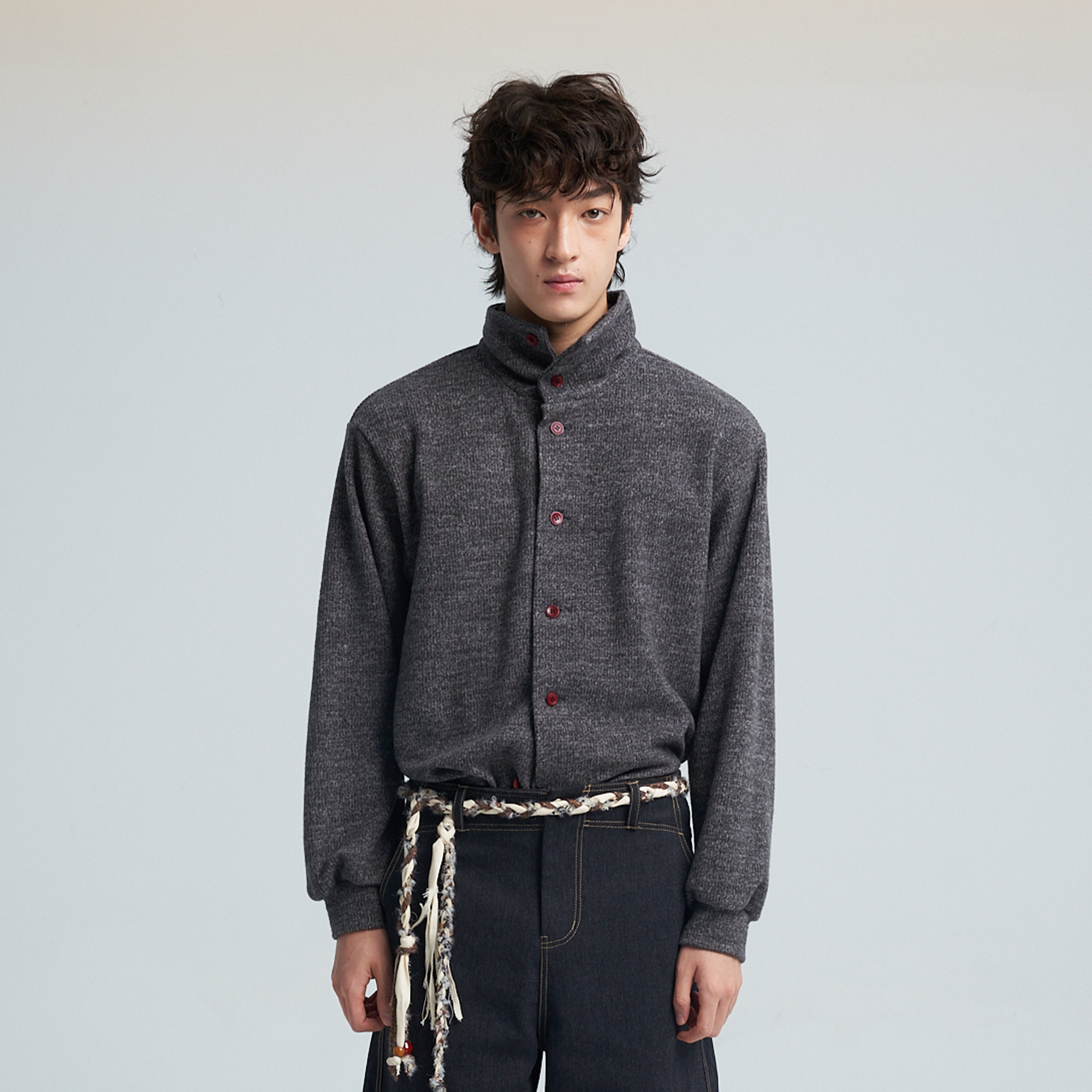 SAME FLOW Contrast Button Mandarin-Collar Cardigan