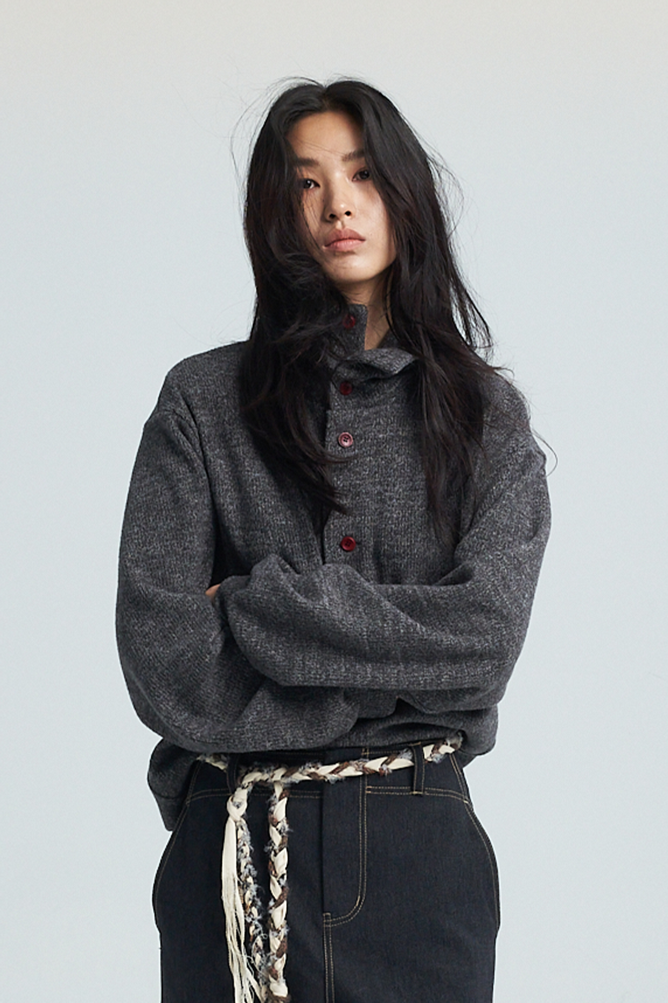 SAME FLOW Contrast Button Mandarin-Collar Cardigan