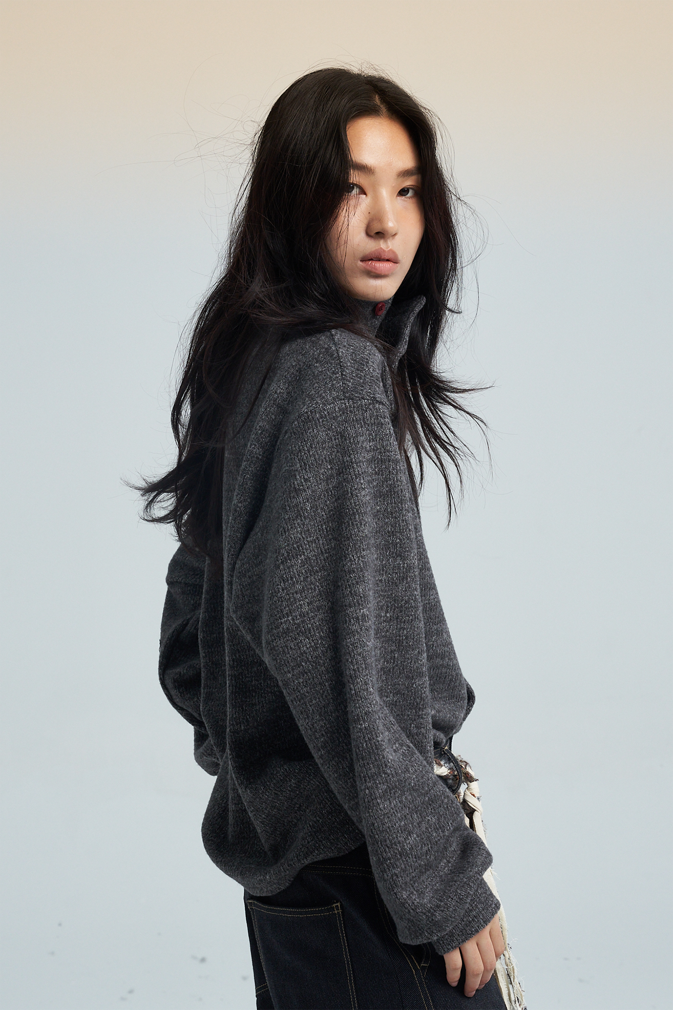 SAME FLOW Contrast Button Mandarin-Collar Cardigan