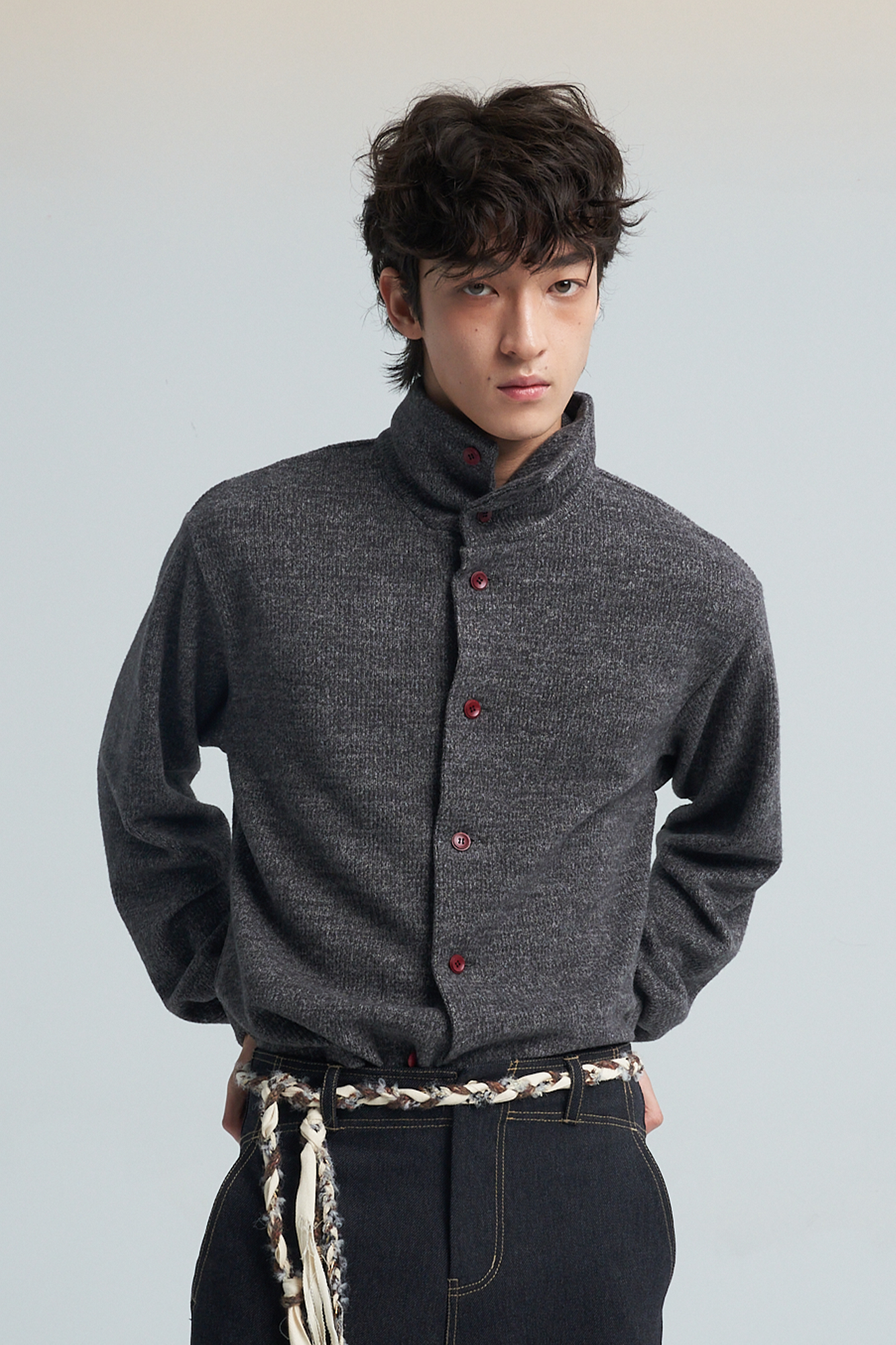 SAME FLOW Contrast Button Mandarin-Collar Cardigan