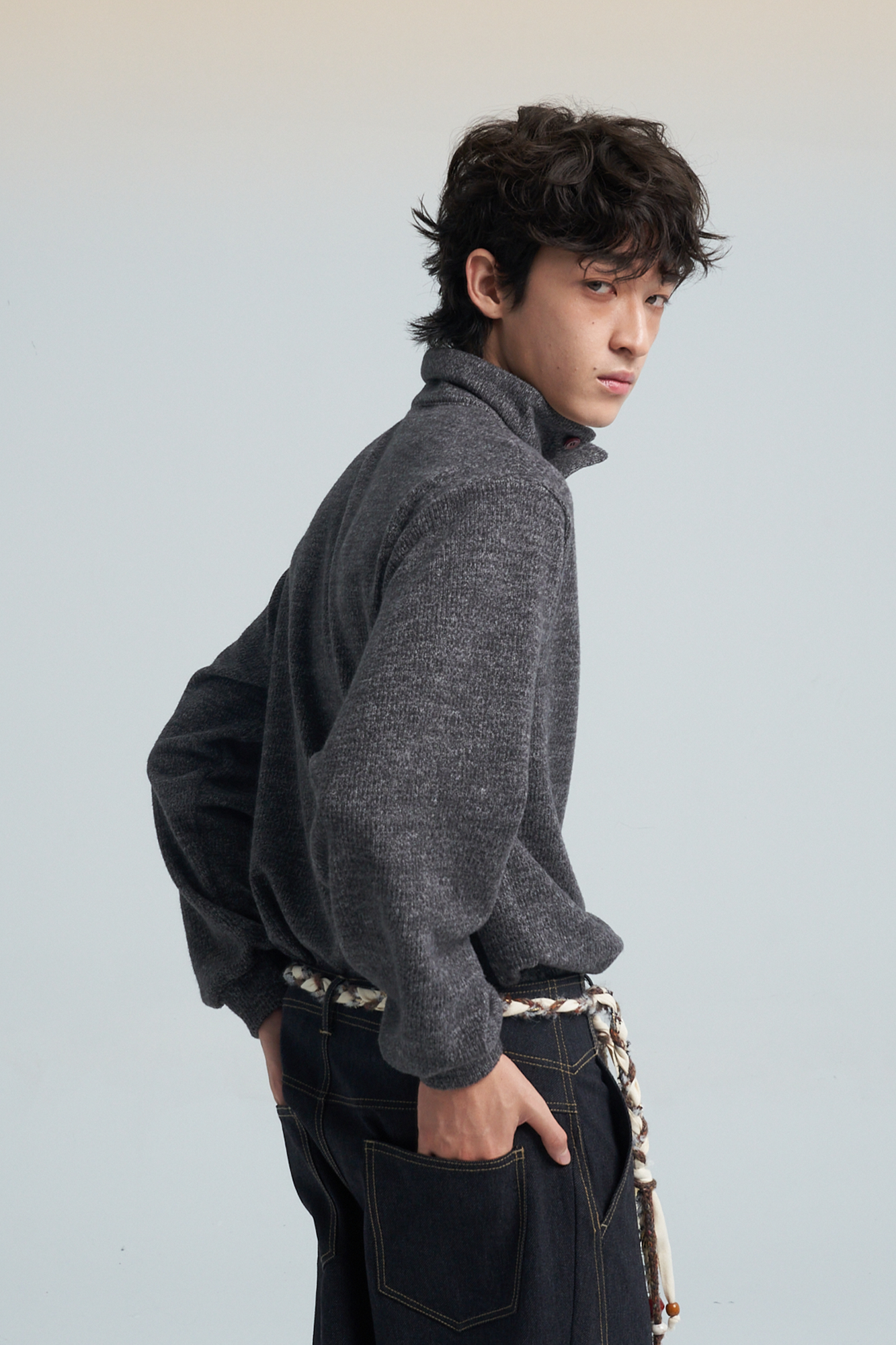 SAME FLOW Contrast Button Mandarin-Collar Cardigan