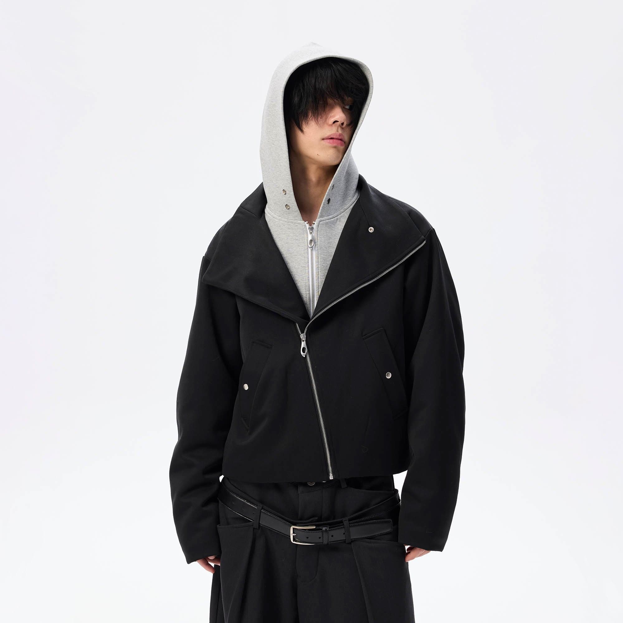 WHISTLEHUNTER Asymmetrical Zipper Detachable Hooded Layered Jacket