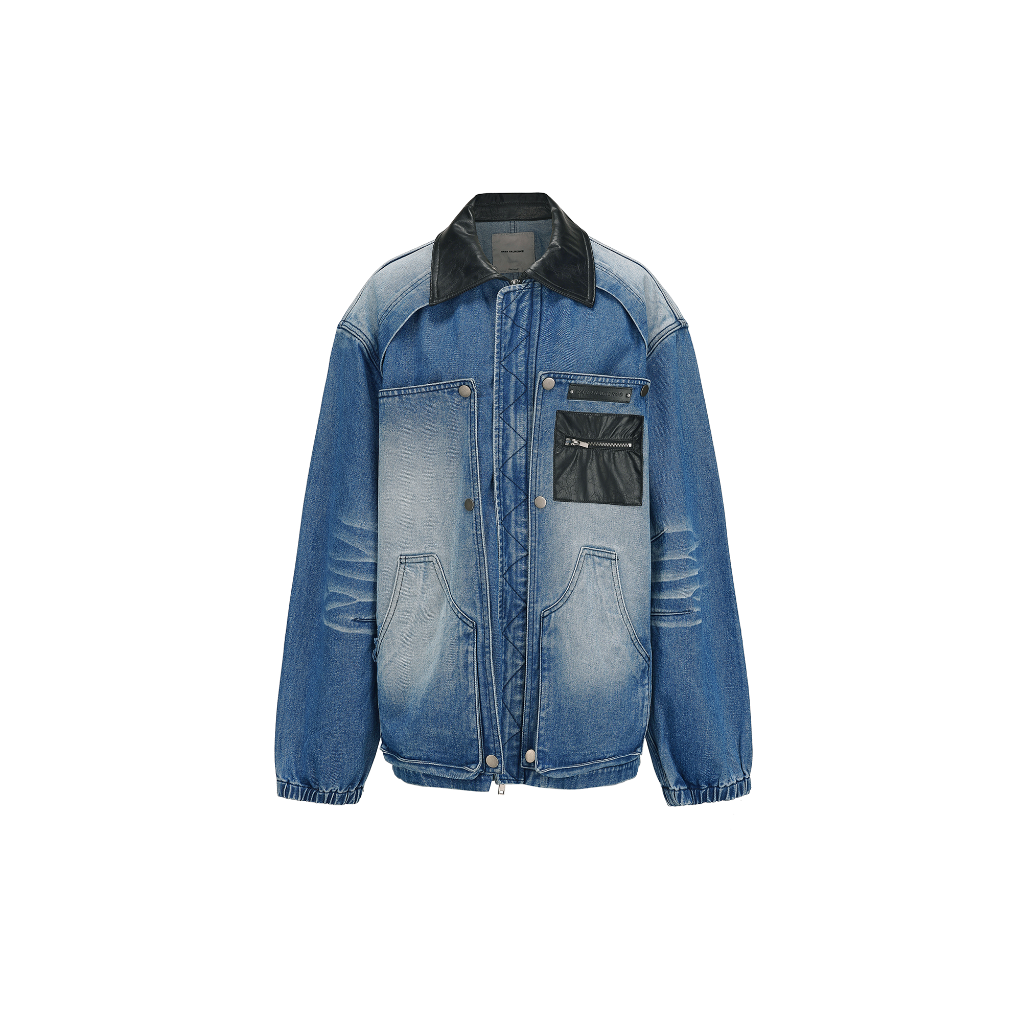 VANN VALRENCE Washed Contrast Faux-Leather Collar Denim Jacket
