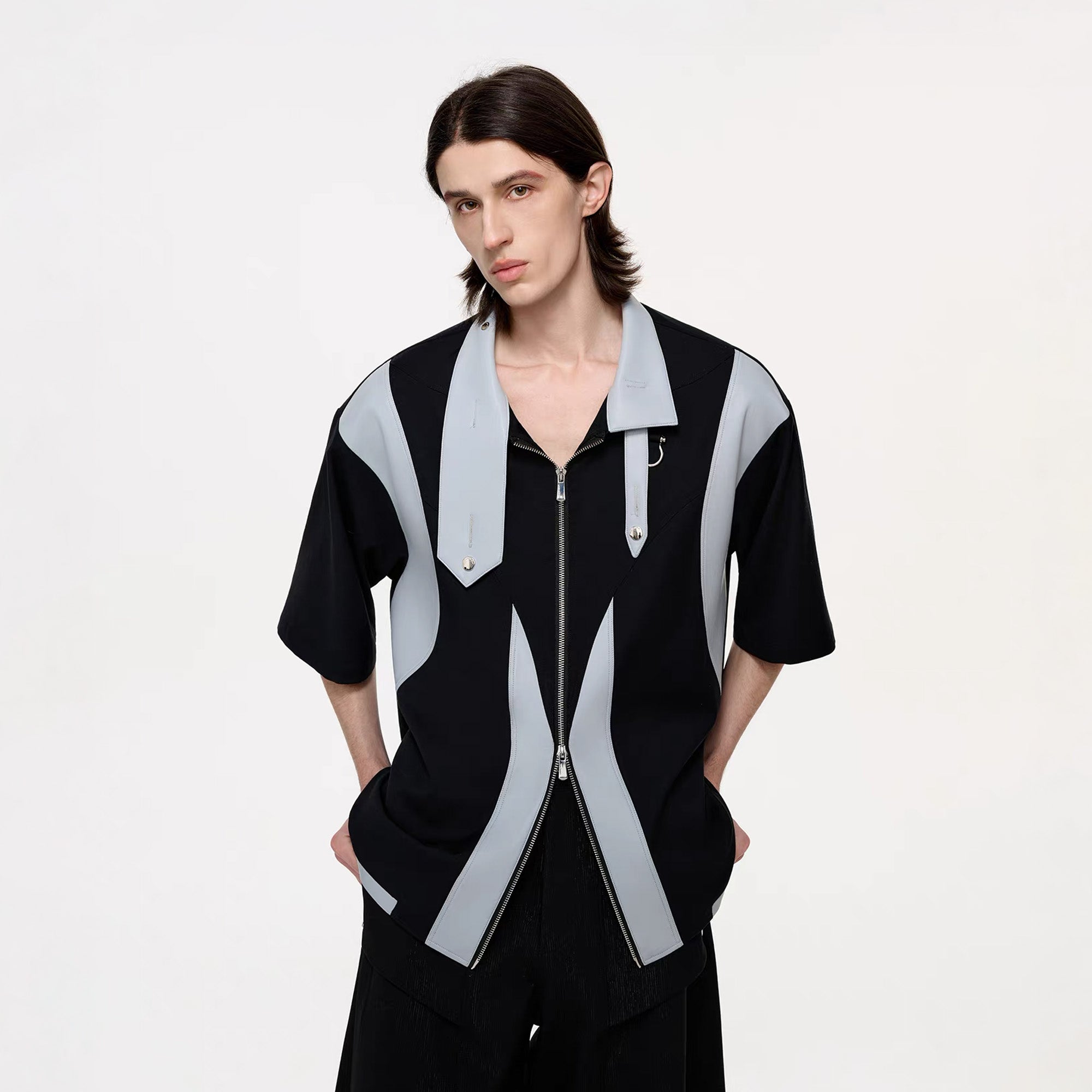 TIWILLTANG Layered-Collar Contrast-Panel Zip-Up Half Shirt, premium urban and streetwear designers apparel on PROJECTISR.com, TIWILLTANG