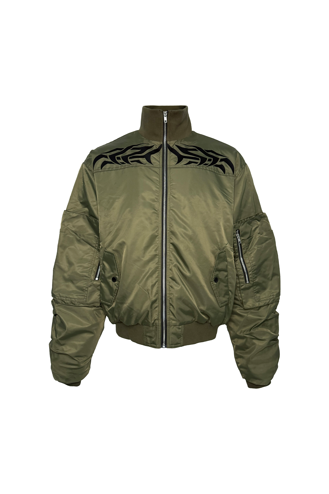 PCCVISION Tribal Embroidered Bomber Jacket Green