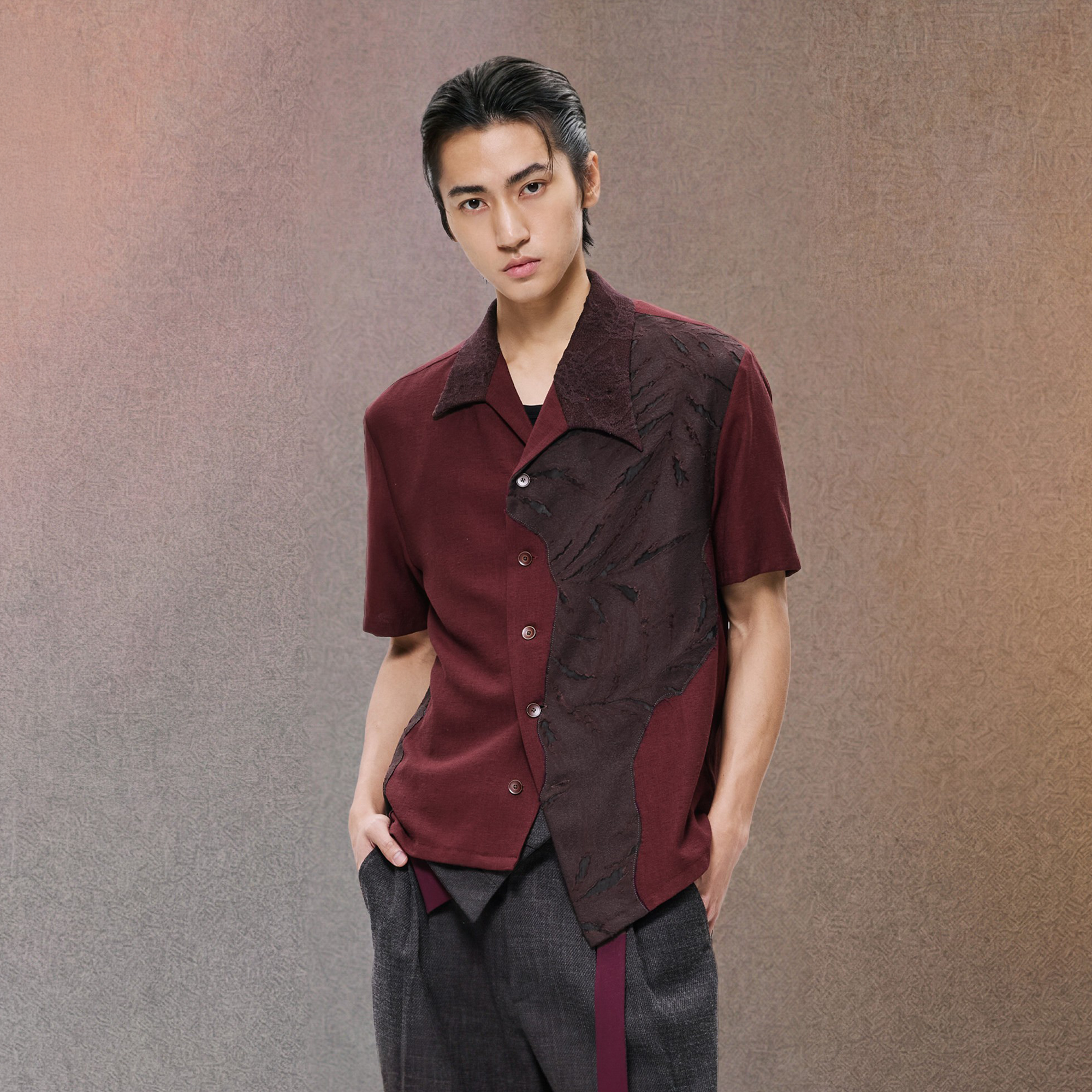 ALVNG AR ANTS Burnout Linen-Blend Asymmetrical Spliced Half Shirt