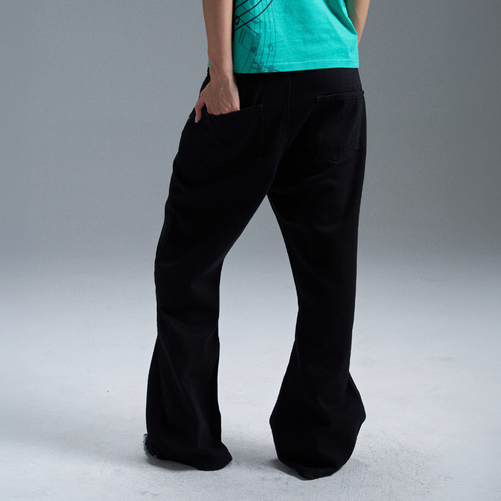 PAIKI Piano Key Script Foil Flared Jeans