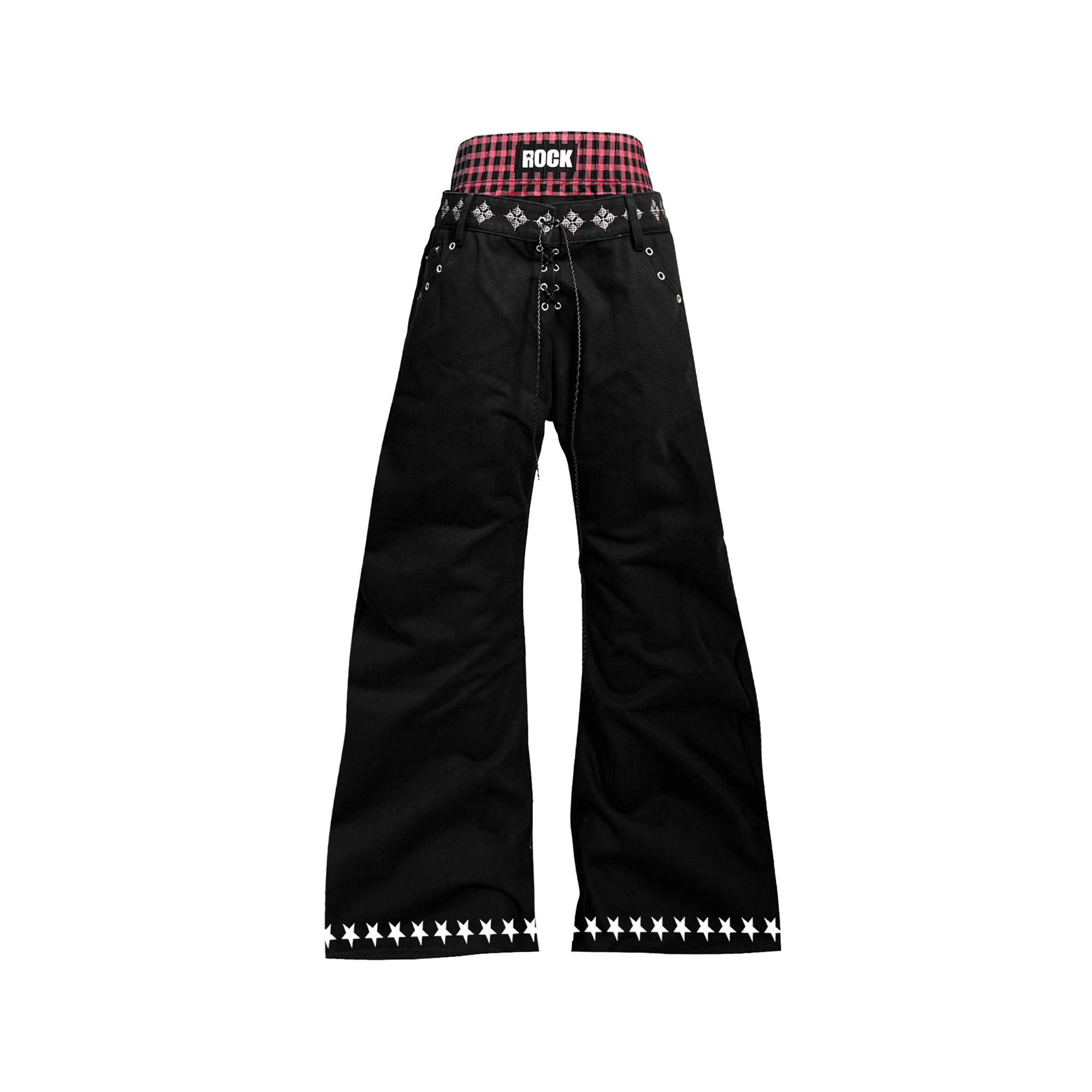 DETW Curved Plaid Spliced Double-Waistband Jeans