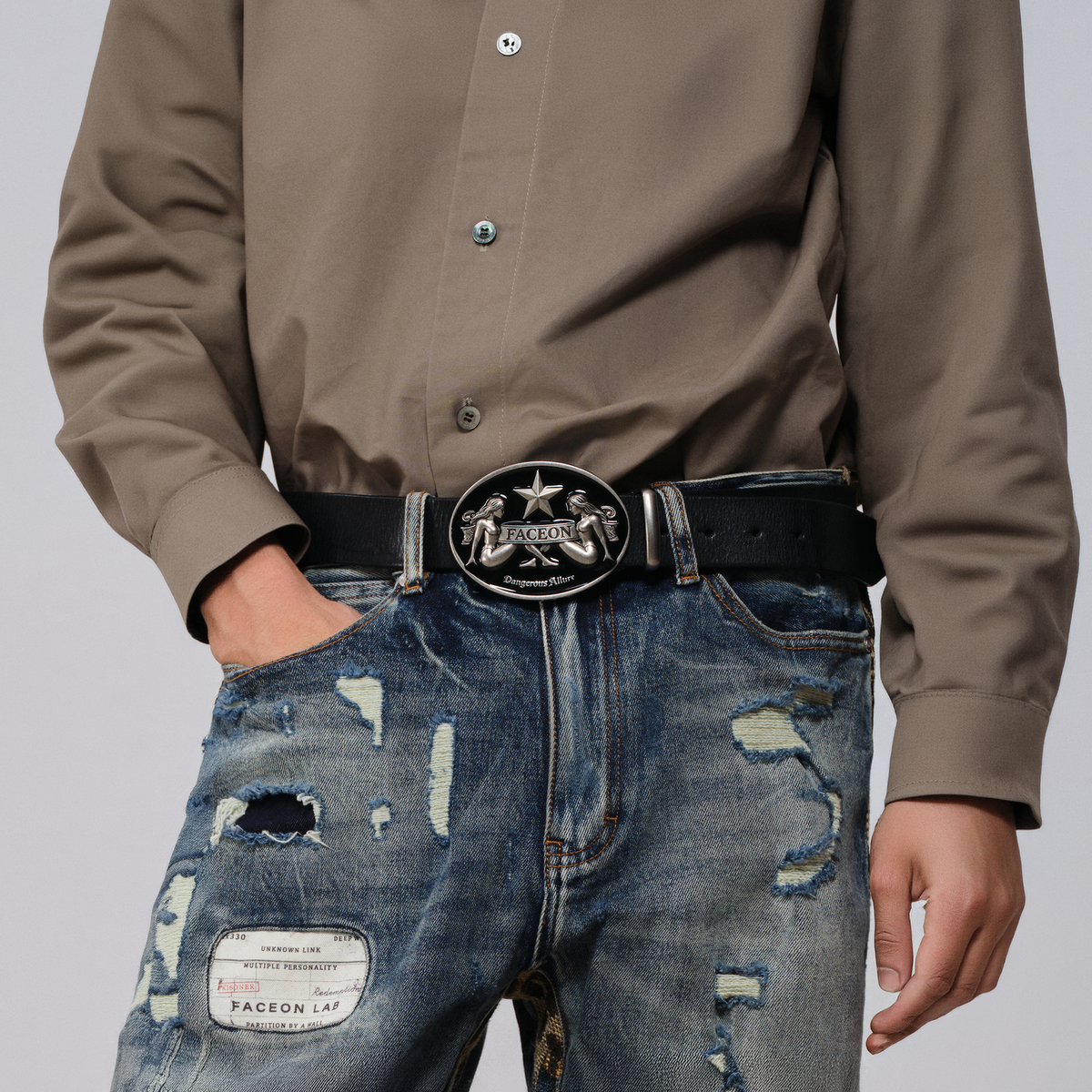 FACEONLAB Gemini Embossed Buckle Retro Faux Leather Belt