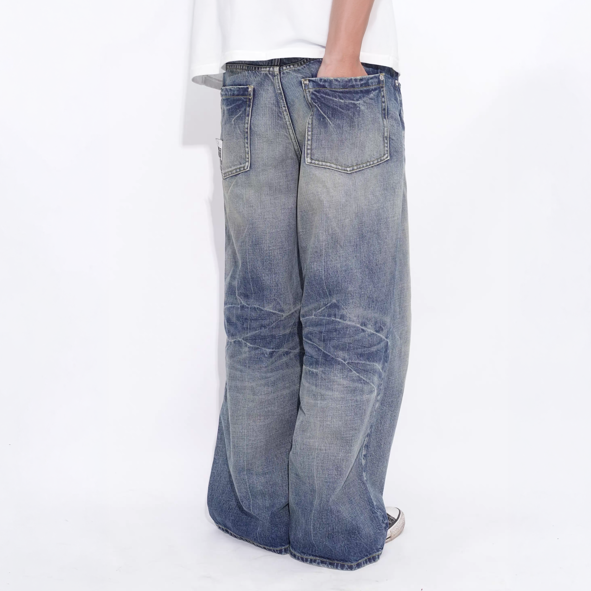 IN EXISTENCE x i Washed Lightning Fade Wide-Leg Jeans Blue, premium urban and streetwear designers apparel on PROJECTISR.com, IN EXISTENCE