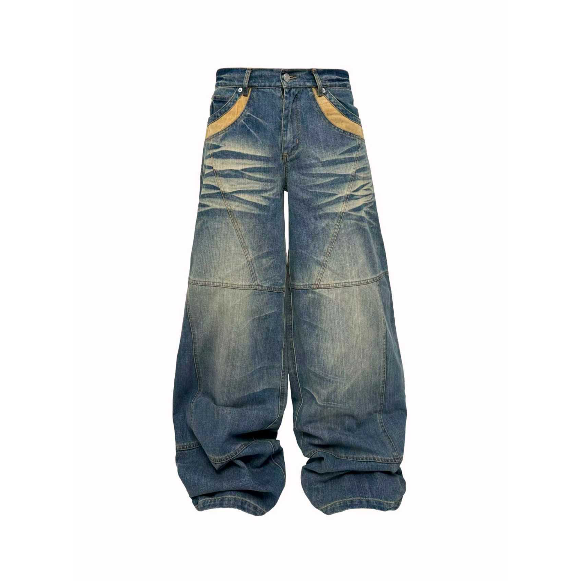 PCCVISION Washed Spliced Wrinkled Baggy Jeans