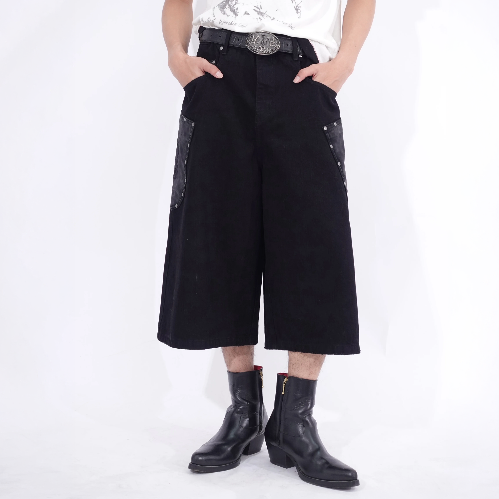 IN EXISTENCE Washed Rivet-Trim Patch Denim Shorts, premium urban and streetwear designers apparel on PROJECTISR.com, IN EXISTENCE