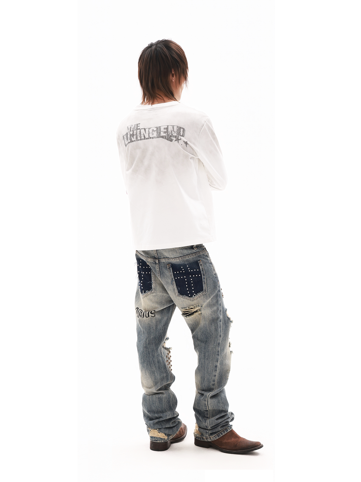 DETW Washed Distressed Rivet Stacked Curved Jeans
