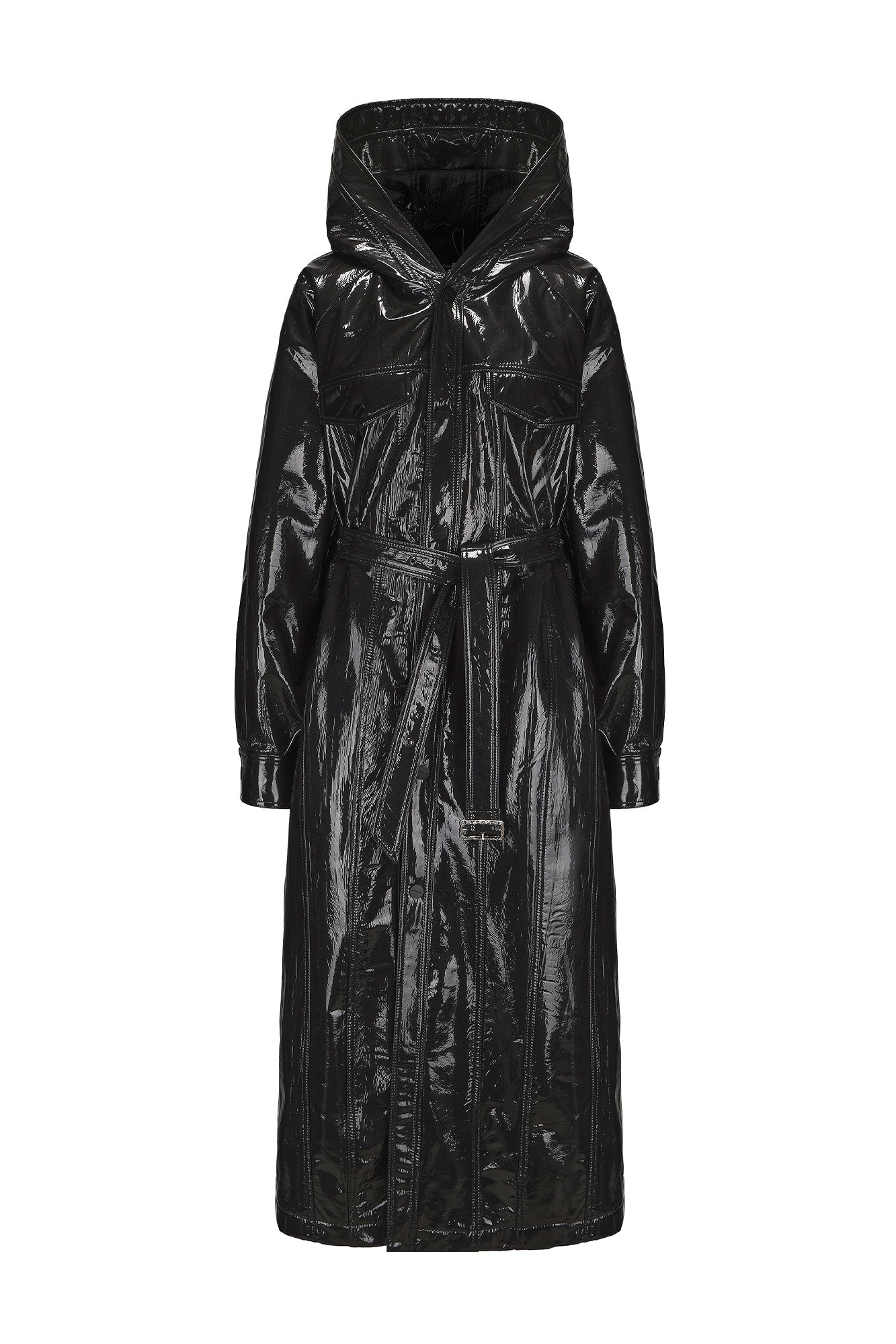 VANN VALRENCE Glossy Belted Hooded Padded Long Coat