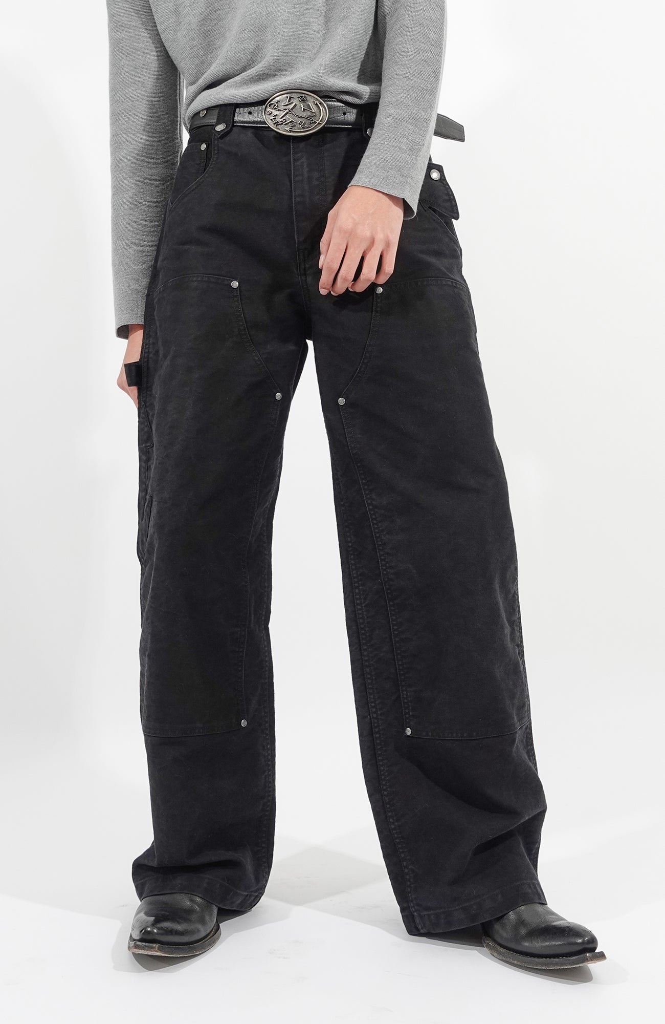 IN EXISTENCE Leather Splice Double-Knee Carpenter Pants, premium urban and streetwear designers apparel on PROJECTISR.com, IN EXISTENCE