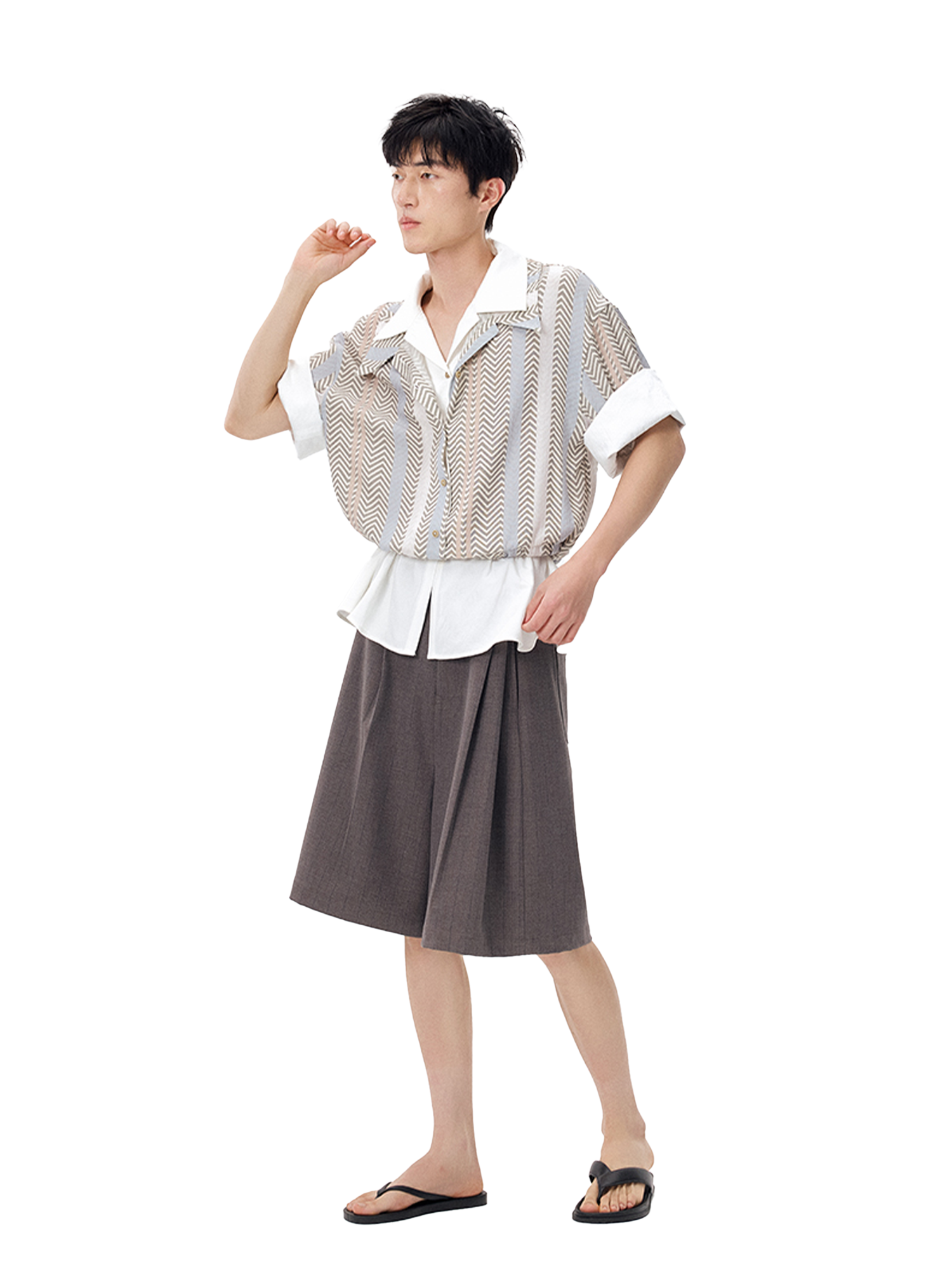 TUIMU Layered Camp Collar Striped Shirt