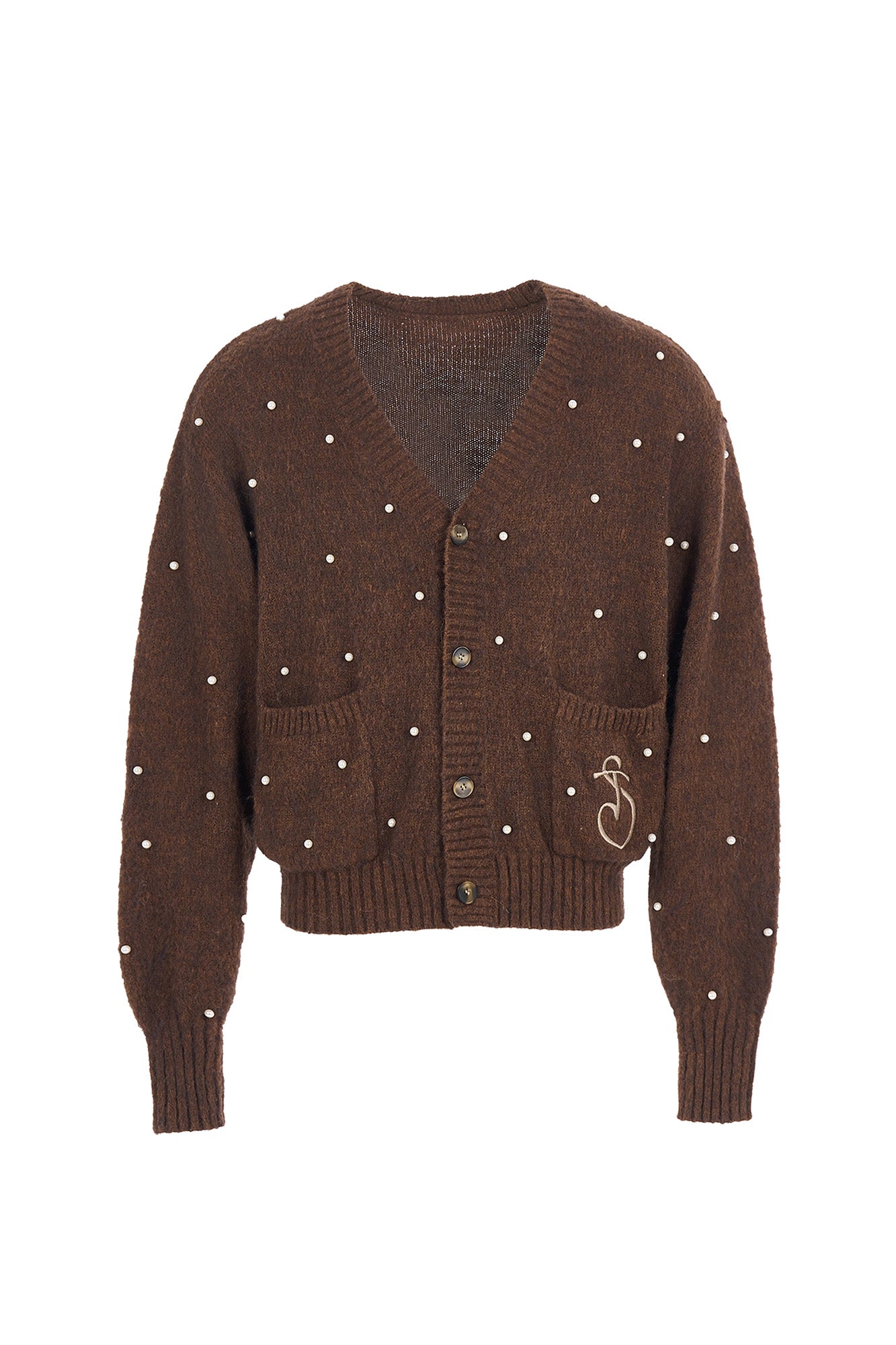 STEEPC Pearl-Studded Contrast Elbow Patch Cardigan