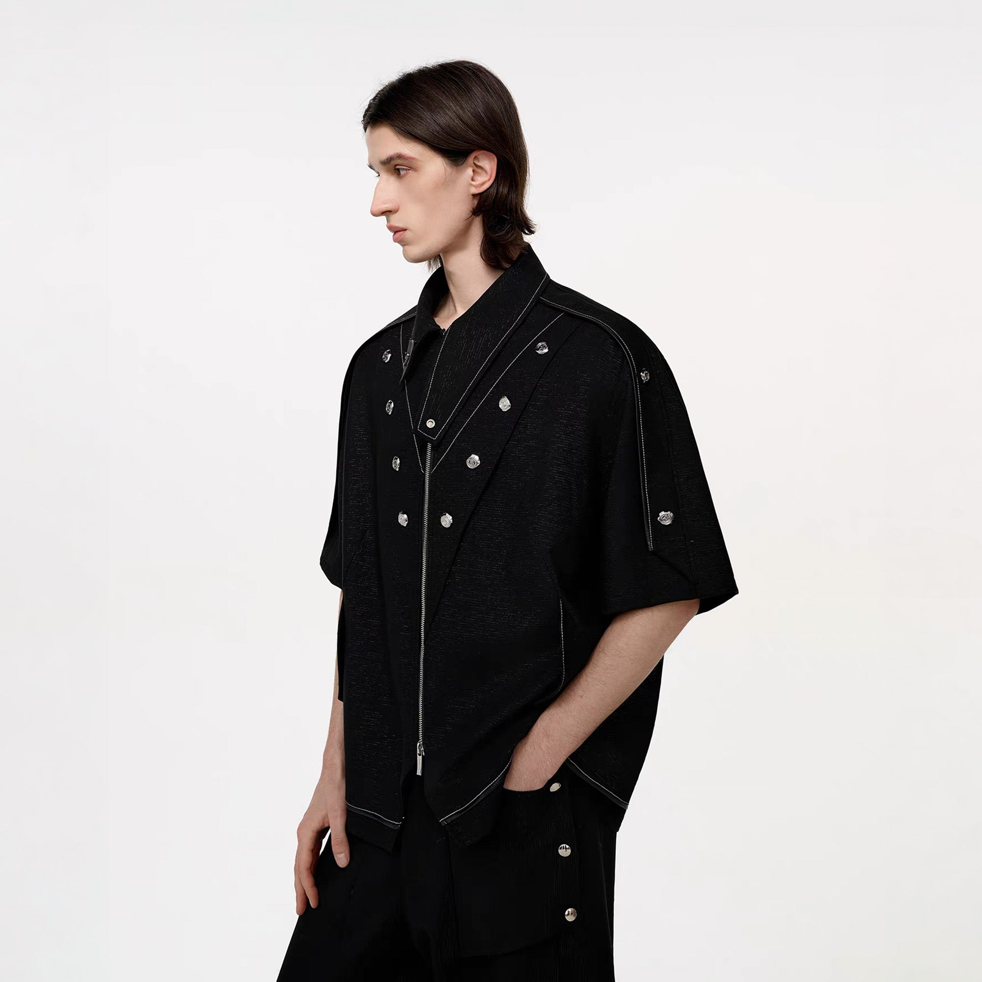 TIWILLTANG Studded Trim Zip-Up Half Shirt, premium urban and streetwear designers apparel on PROJECTISR.com, TIWILLTANG