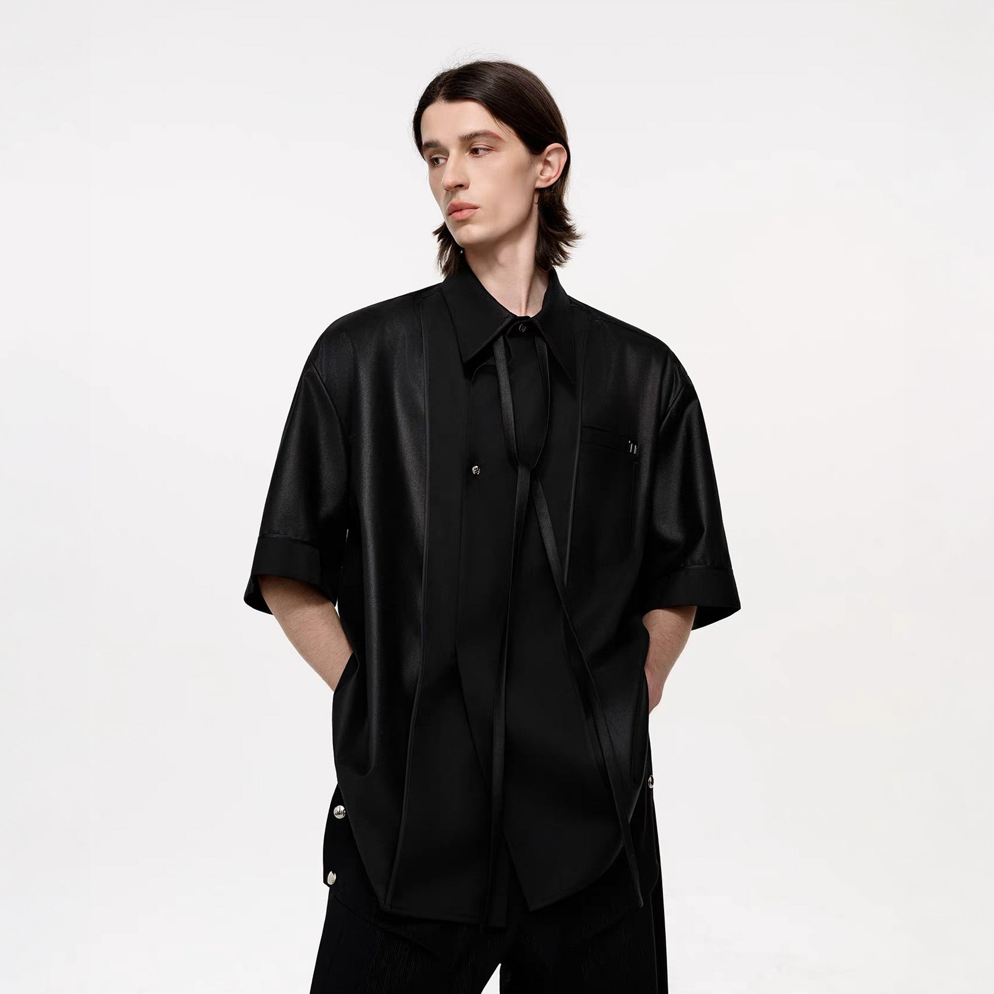 TIWILLTANG Draped Camp-Collar T Shirt, premium urban and streetwear designers apparel on PROJECTISR.com, TIWILLTANG