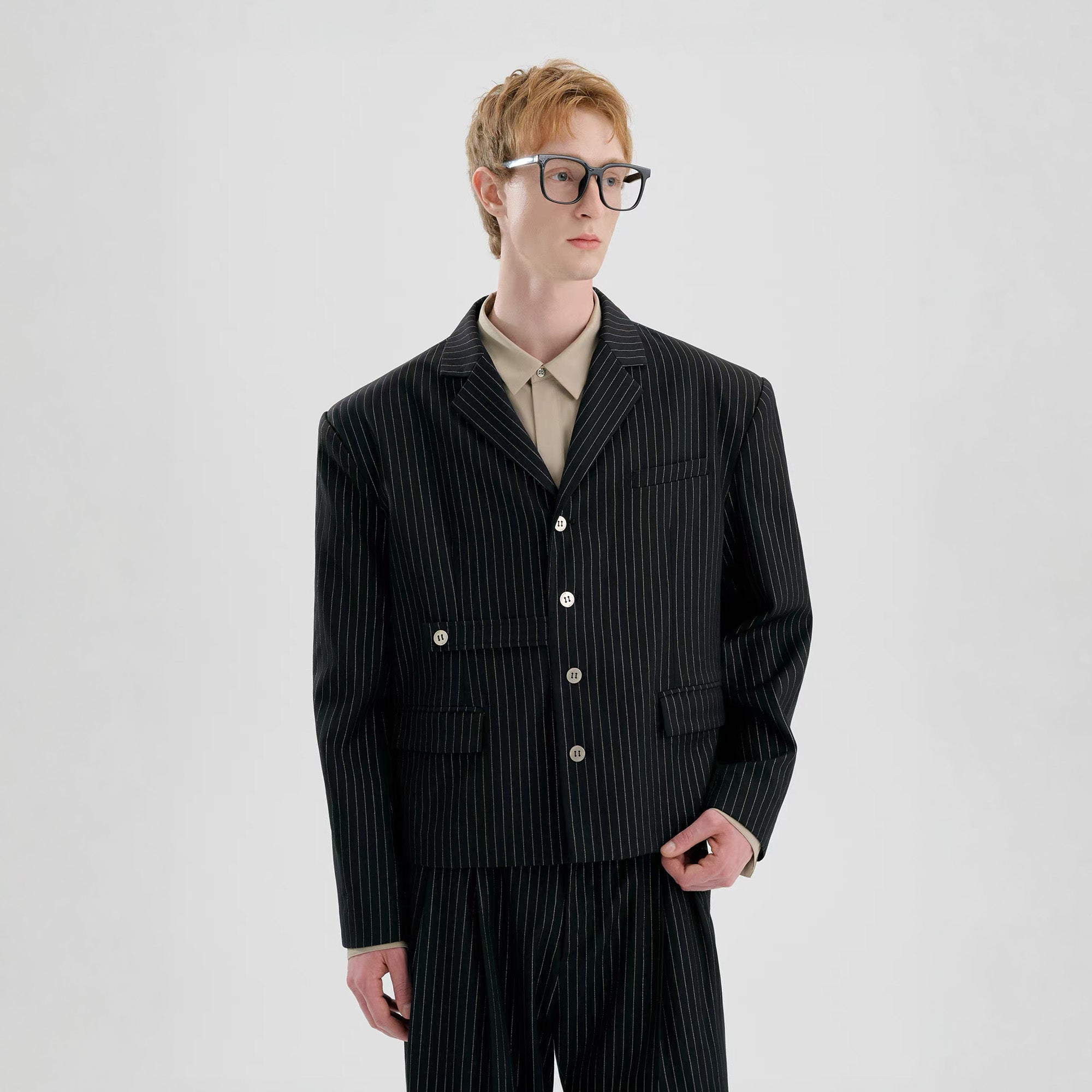 TIWILLTANG Cropped Pinstripe Strap Blazer, premium urban and streetwear designers apparel on PROJECTISR.com, TIWILLTANG