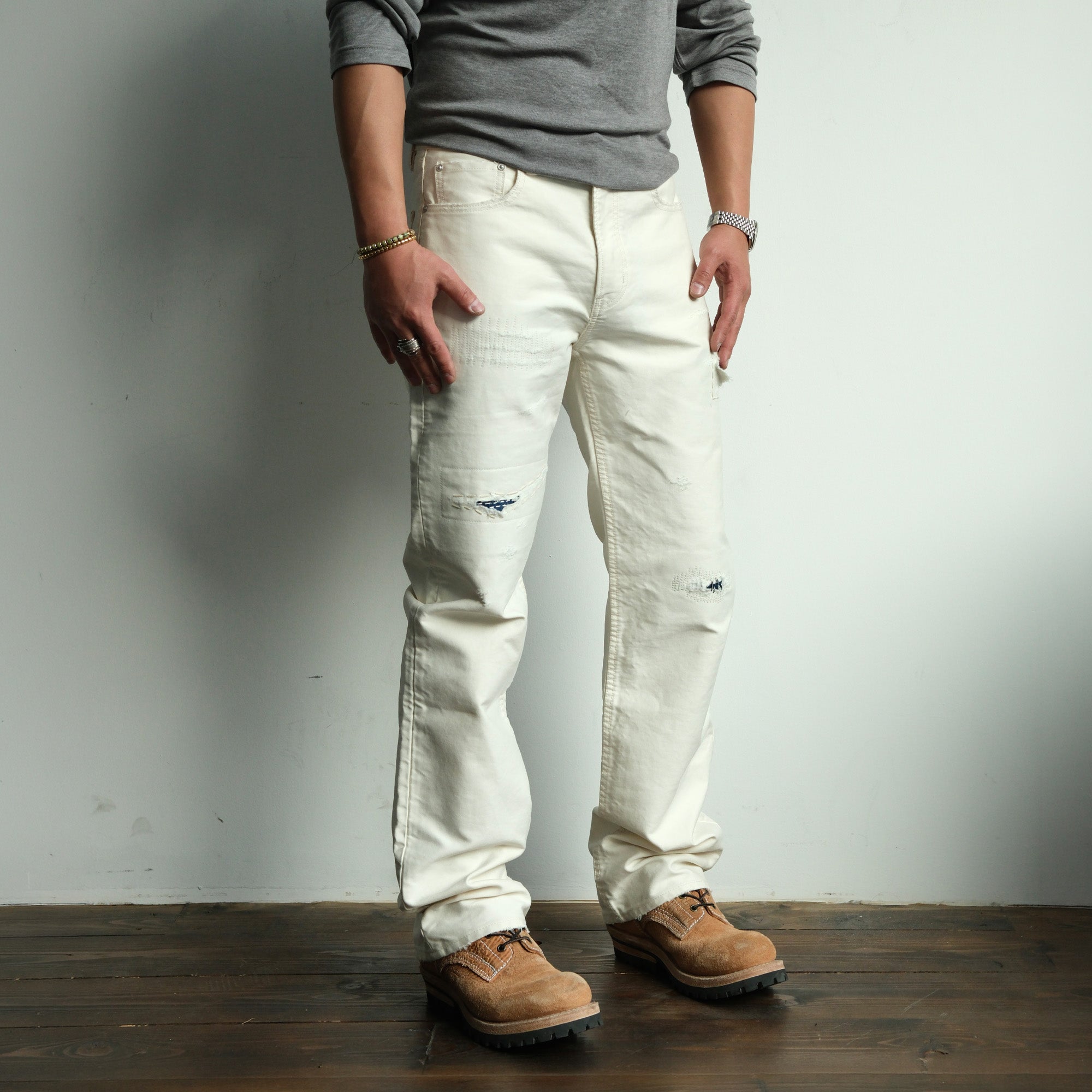NEIGBORL Distressed Washed Patchwork Pants White, premium urban and streetwear designers apparel on PROJECTISR.com, NEIGBORL