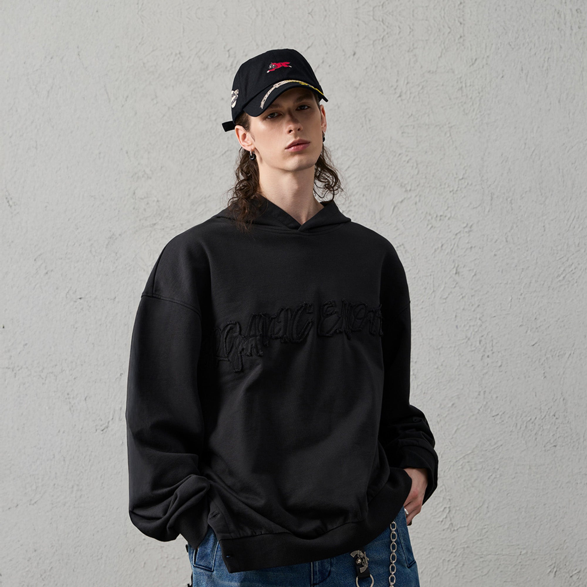 ORGANIC EMOTION Asymmetrical Hem LOGO Embroidered Hoodie, premium urban and streetwear designers apparel on PROJECTISR.com, ORGANIC EMOTION