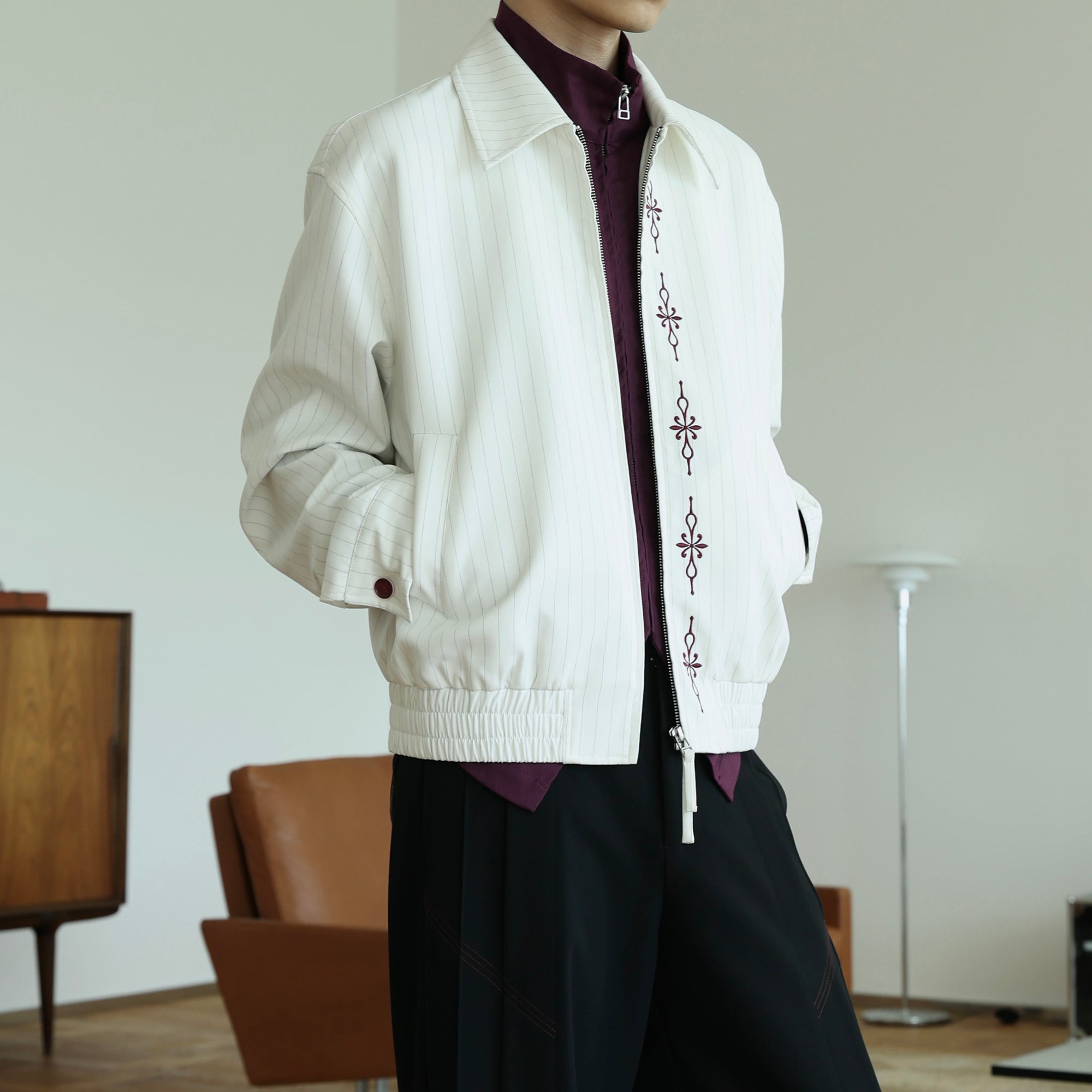 OKAYTHXBYE Cross-Stitch Embroidered Contrast Button Lapel Zip Jacket