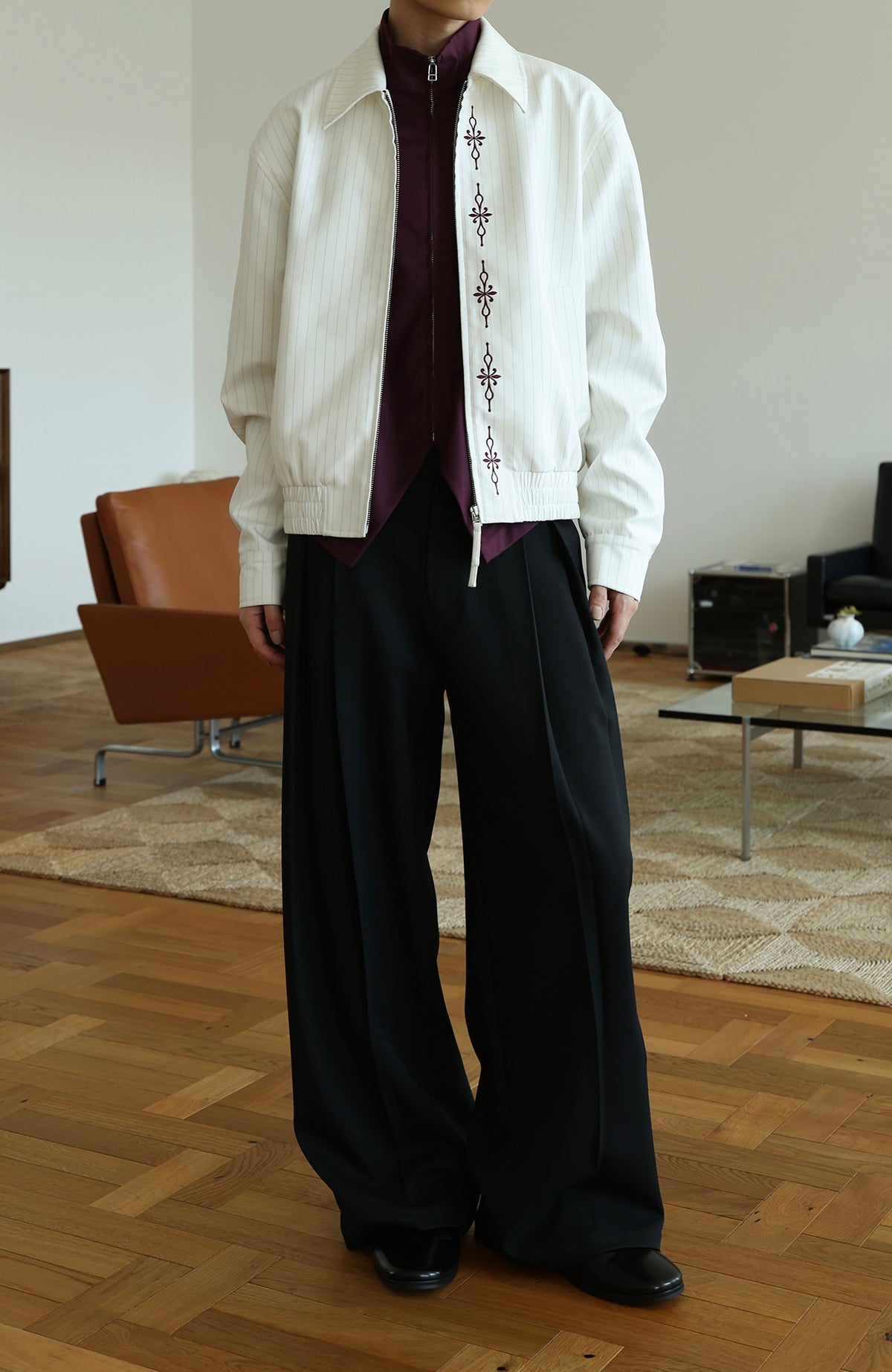 OKAYTHXBYE Cross-Stitch Embroidered Contrast Button Lapel Zip Jacket