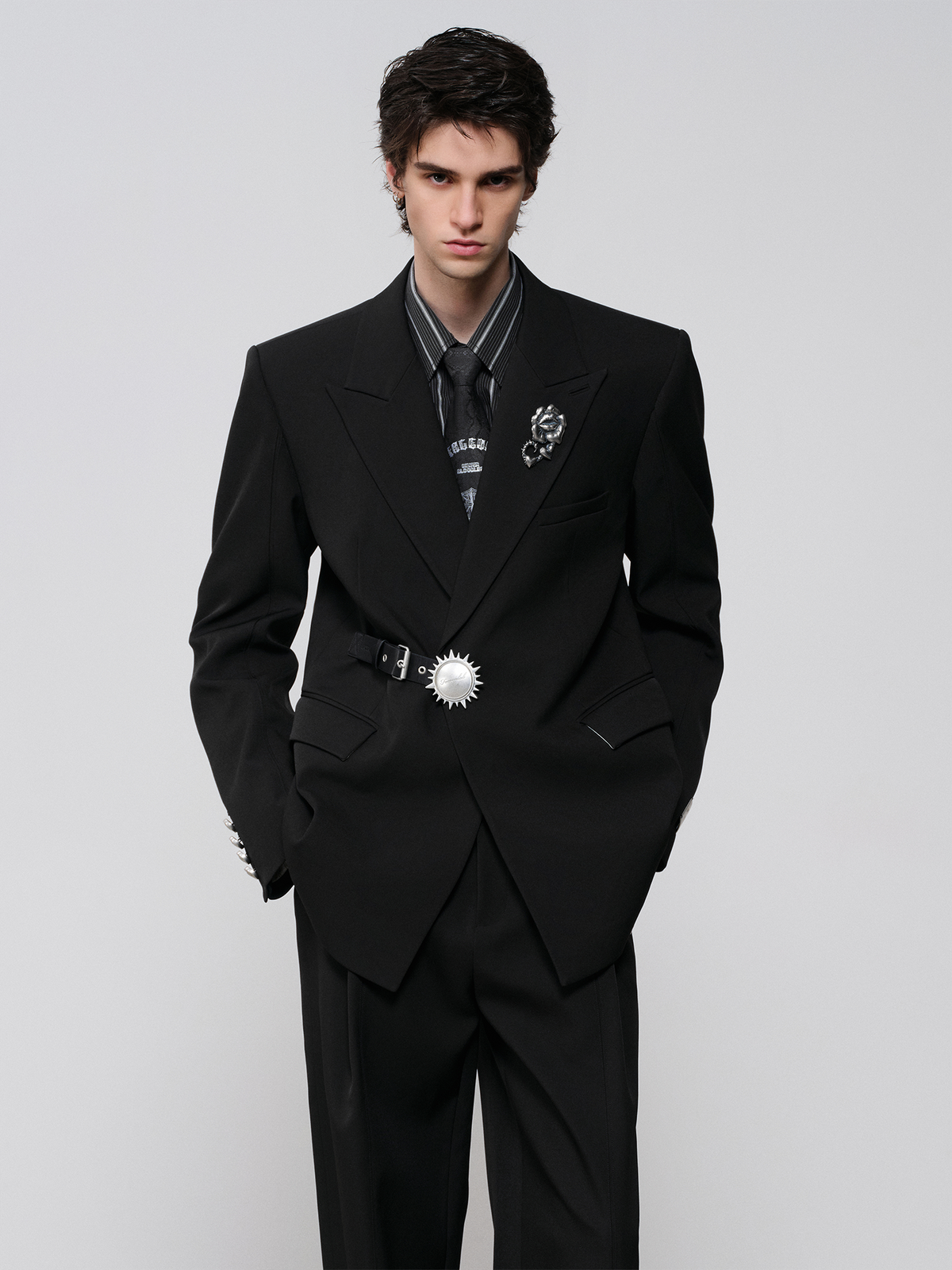 FACEONLAB Rose Brooch Asymmetric Belted Blazer