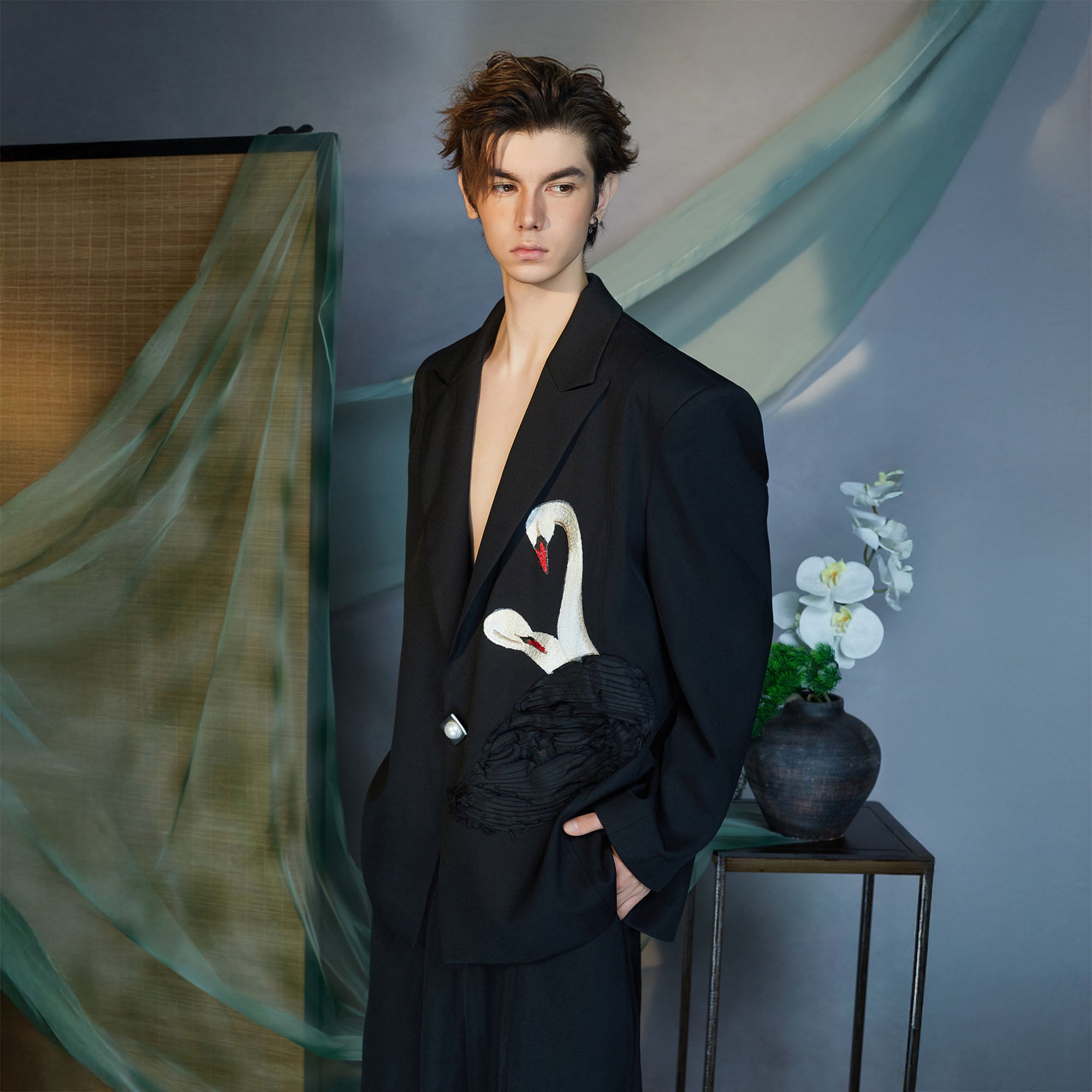 JIECHI Swan Embroidered Pearl Button Blazer